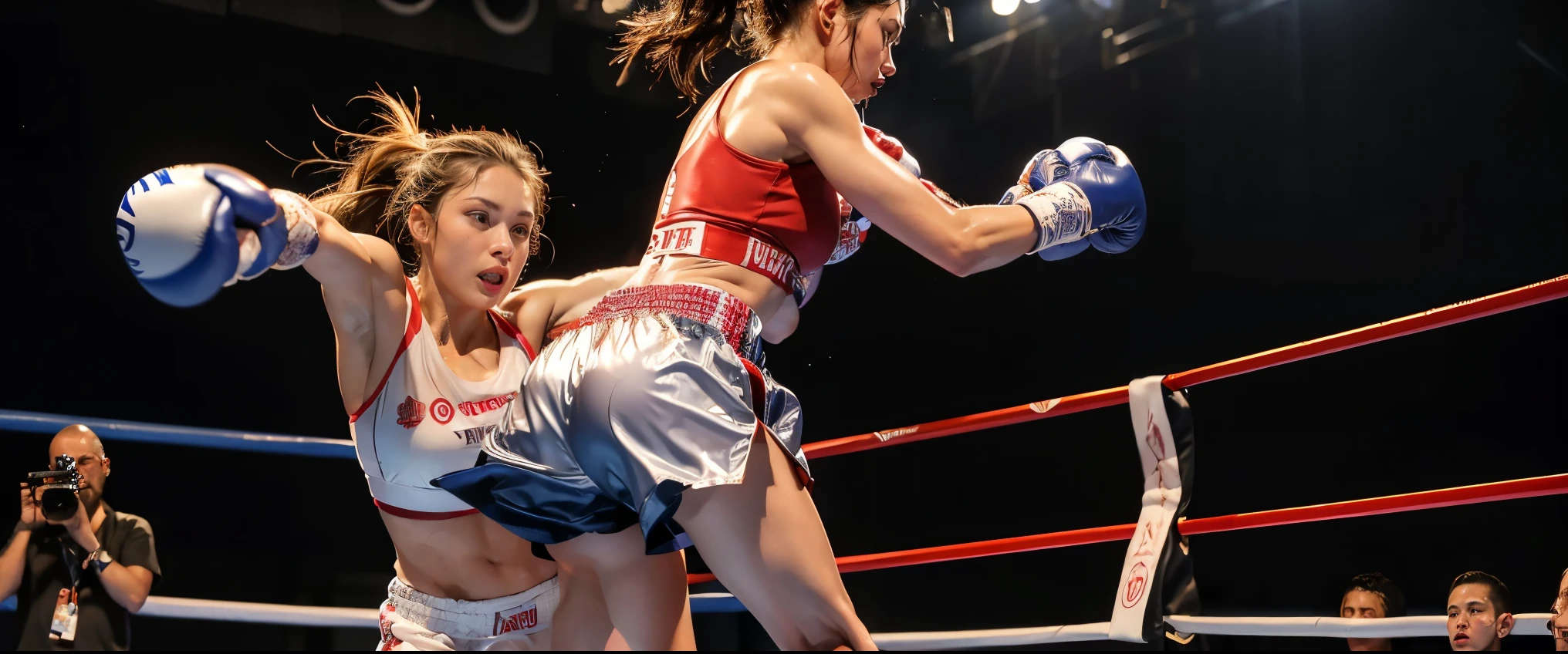 Boxing Match, ((masterpiece, highest quality, Highest image quality, High resolution, photorealistic, Raw photo, 8K)), ((Extremely detailed CG unified 8k wallpaper)), (huge stunning goddess shot, very hot and sexy, jaw-dropping beauty, perfect proportions, beautiful body, slim body beauty:1.4), Female boxers, two athletes beating each other in the ring, wearing sports bras, trunks, boxing gloves and boots, sweat splattered, Sweat running, wet body, intense fighting, (View from below), SFW,