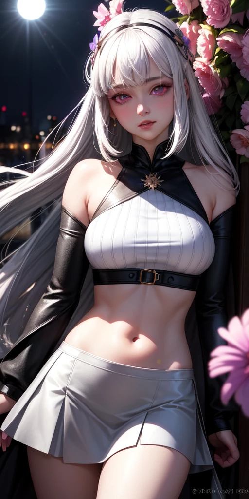 realistic, 1girl, white hair, purple eyes, glowing eyes, crop top, skirt, parted lips, blush, night, flowers, sun, sunlight,