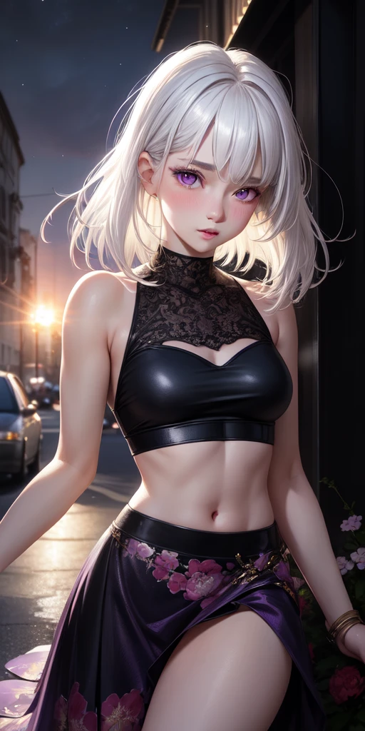 realistic, 1girl, white hair, purple eyes, glowing eyes, crop top, skirt, parted lips, blush, night, flowers, sun, sunlight,