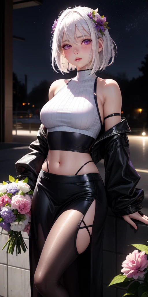 realistic, 1girl, white hair, purple eyes, glowing eyes, crop top, skirt, parted lips, blush, night, flowers, sun, sunlight,