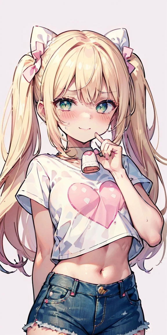 1 girl, heart-shaped pupils, (blond hair), (green eyes), (blush:1.1), Upper body, trembling, Sweat, Sweatdrop, heart, (speed line:1.1), ((Flat milk)), ((heavy breathing:1.3)), like, heart, bratty, mesugaki expresion, brat, lolita, Happy, smile,Yandere, long hair, (pigtails), ((LOLI)), (pink bows on hair), ((((white crop top t-shirt)))), (short denim shorts), denim shorts, simple pink background, smile, midriff, ((smiling expression at lens)), ((white crop top t-shirt)), oversized t-shirt, (midriff), ((pink background)), ((seductive pose)), (one arm on hip),