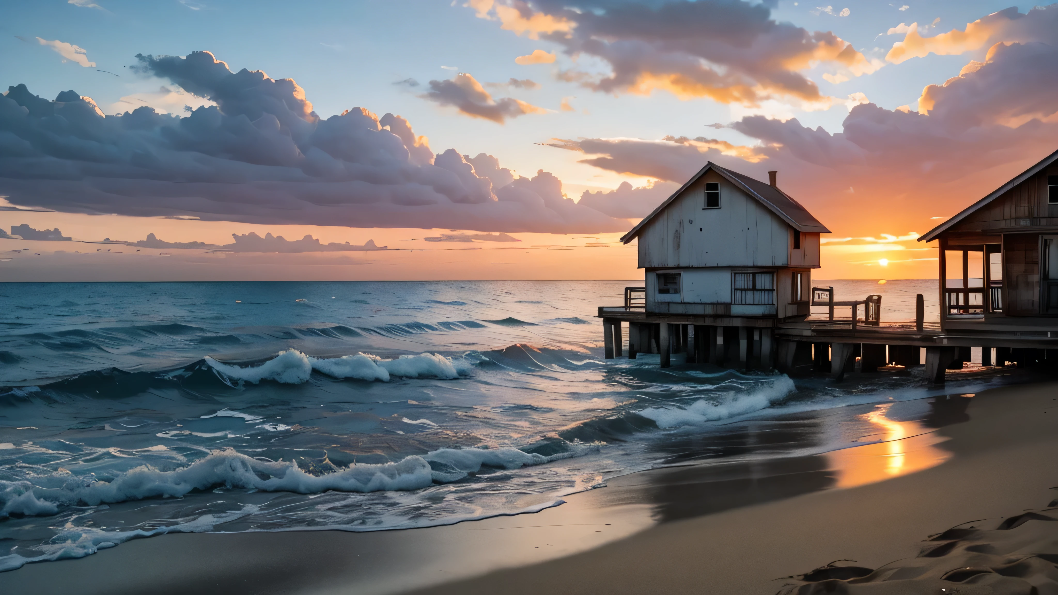 Sunset Beach Ocean，Dilapidated chalet，fishing boat