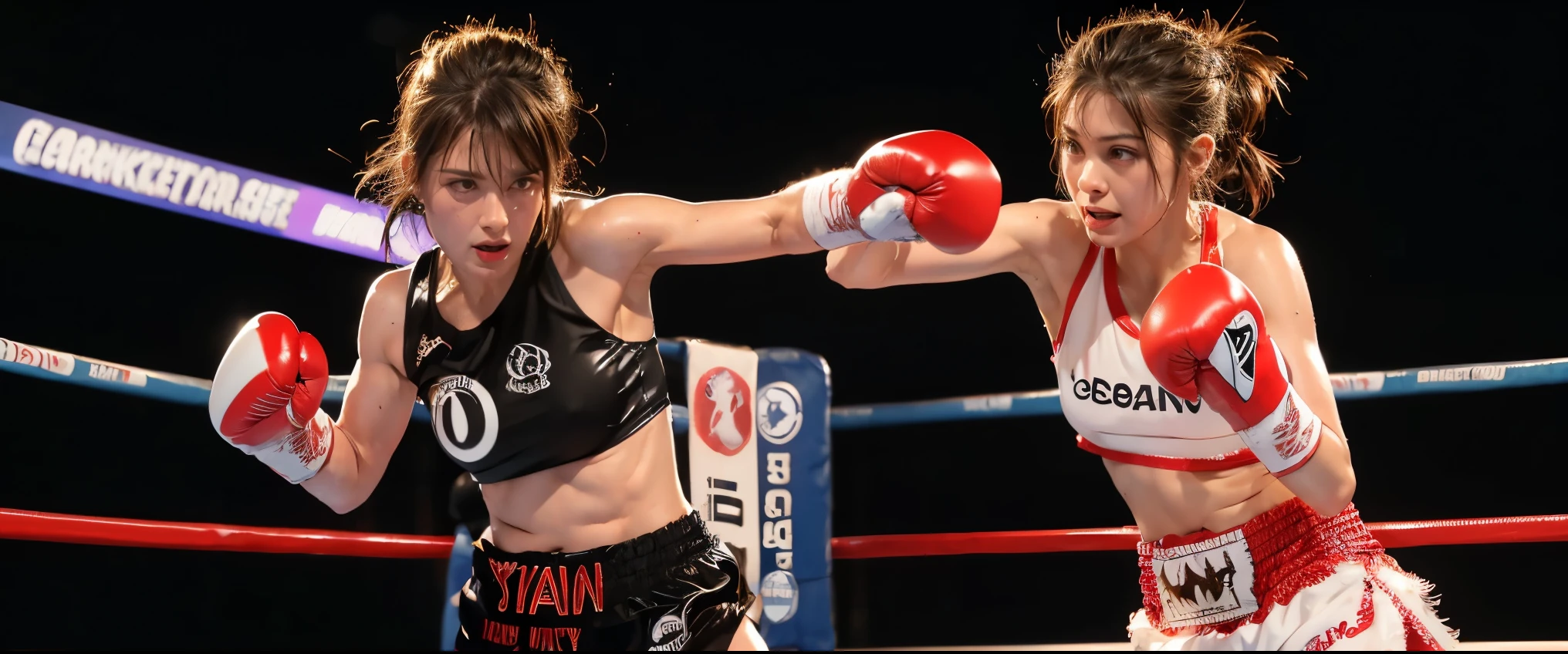 Boxing Match, ((masterpiece, highest quality, Highest image quality, High resolution, photorealistic, Raw photo, 8K)), ((Extremely detailed CG unified 8k wallpaper)), (huge stunning goddess shot, very hot and sexy, jaw-dropping beauty, perfect proportions, beautiful body, slim body beauty:1.4), Female boxers, two athletes beating each other in the ring, wearing sports bras, trunks, boxing gloves and boots, sweat splattered, Sweat running, wet body, intense fighting, (View from below), SFW,