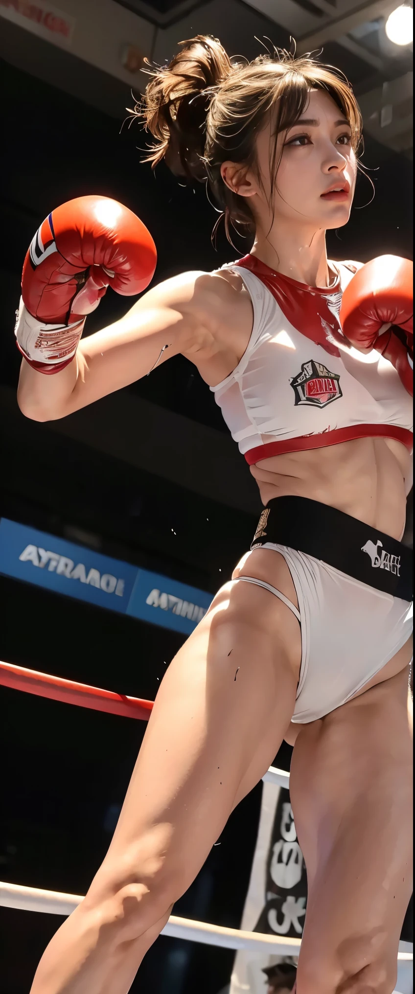 Boxing Match, ((masterpiece, highest quality, Highest image quality, High resolution, photorealistic, Raw photo, 8K)), ((Extremely detailed CG unified 8k wallpaper)), (huge stunning goddess shot, very hot and sexy, jaw-dropping beauty, perfect proportions, beautiful body, slim body beauty:1.4), Female boxers, two athletes beating each other in the ring, wearing sports bras, trunks, boxing gloves and boots, sweat splattered, Sweat running, wet body, intense fighting, (View from below), SFW,