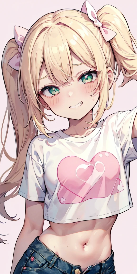 1 girl, heart-shaped pupils, (blond hair), (green eyes), (blush:1.1), Upper body, trembling, Sweat, Sweatdrop, heart, (speed line:1.1), ((Flat milk)), ((heavy breathing:1.3)), like, heart, bratty, mesugaki expresion, brat, lolita, Happy, smile,Yandere, long hair, (pigtails), ((LOLI)), (pink bows on hair), ((((white crop top t-shirt)))), (short denim shorts), denim shorts, simple pink background, smile, midriff, ((grinning expression at lens)), ((white crop top t-shirt)), oversized t-shirt, (midriff), ((pink background)), ((seductive pose)), (one arm on hip), smiling