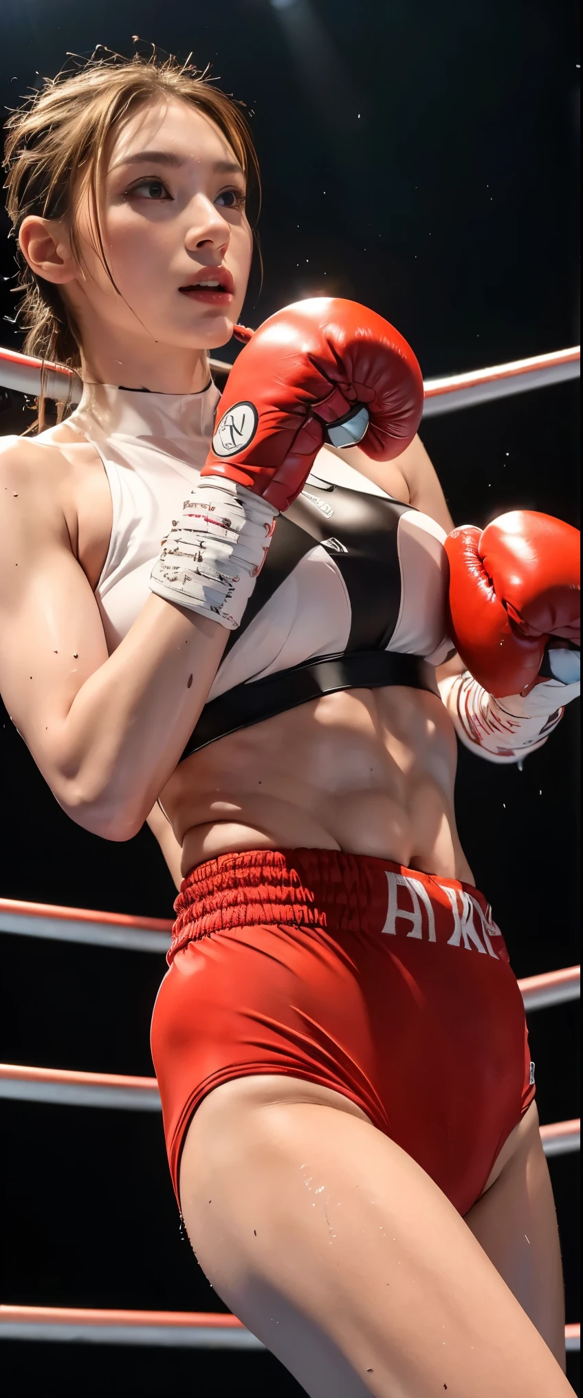 Boxing Match, ((masterpiece, highest quality, Highest image quality, High resolution, photorealistic, Raw photo, 8K)), ((Extremely detailed CG unified 8k wallpaper)), (huge stunning goddess shot, very hot and sexy, jaw-dropping beauty, perfect proportions, beautiful body, slim body beauty:1.4), Female boxers, two athletes beating each other in the ring, wearing sports bras, trunks, boxing gloves and boots, sweat splattered, Sweat running, wet body, intense fighting, (View from below), SFW,
