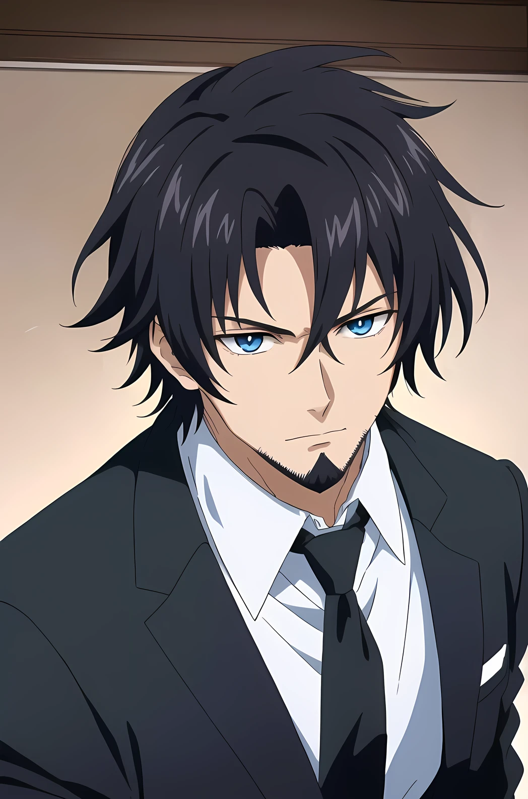 Close-up of a man in a black suit and tie standing in a room, Anime handsome man with beard, hijikata toushirou, inspired by Hisui Sugiura, The character's name is Chad, Male Anime Characters, Taisho Roman, Tall anime guy with blue eyes, Anime portrait of a handsome man, Barrett Flymire, As a Tekken character