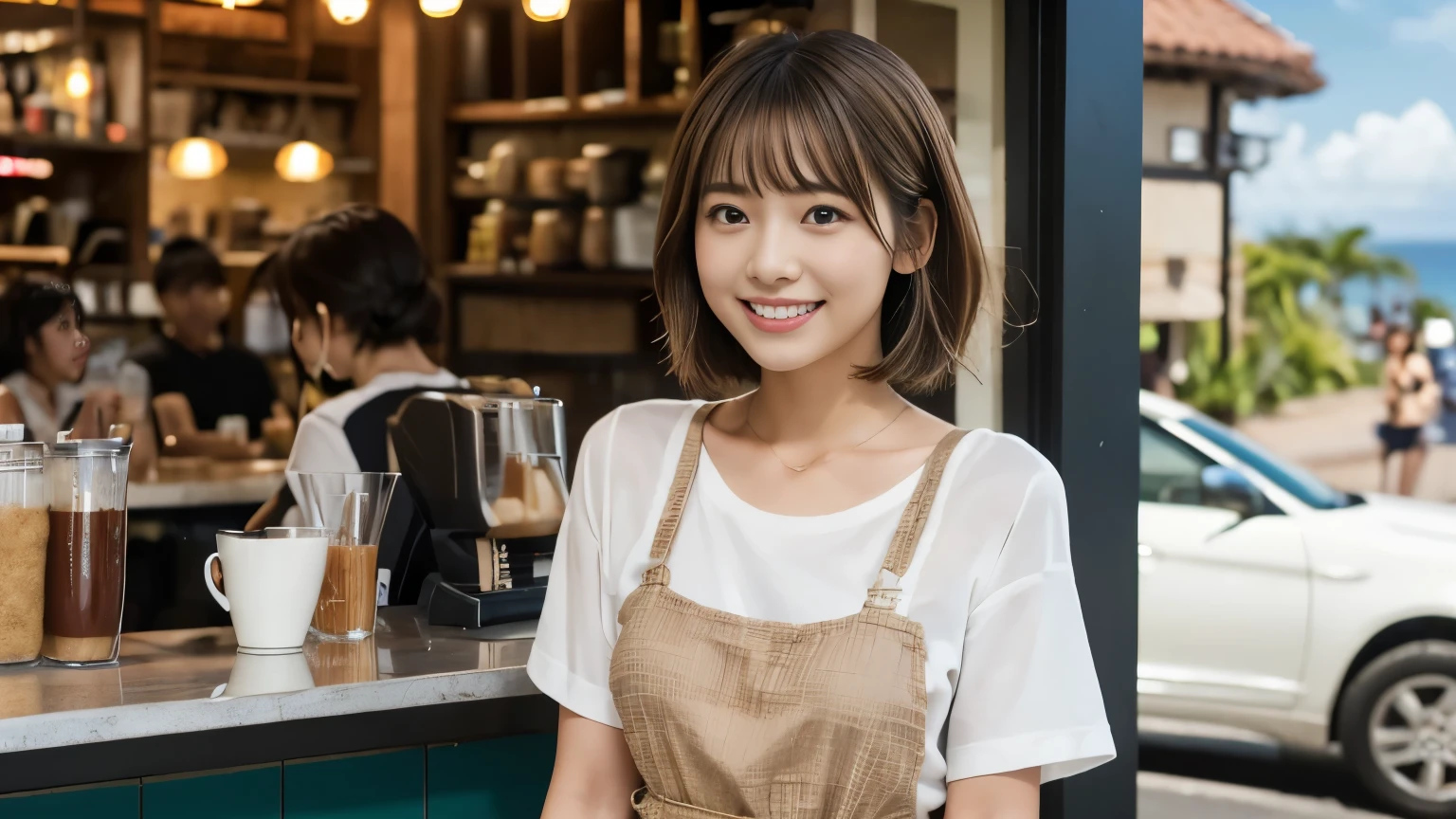 super high quality, Short Hair, Slender, The staff is working at the counter in the back., (8k、RAW Photos、highest quality、masterpiece:1.2), Japanese Idol, Shaggy, The cafe is crowded with people enjoying themselves., (Realistic、Photorealistic:1.37), Beautiful Face , Mesh Hair, Golden Ratio, Raw photo, Light Brown Hair, Small breasts, Summer clothes, Hawaiian Cafe, Loose Palmer, Hawaiian Cafes, Beautiful hairstyle, Cafe with a coast view, Travel abroad, Hawaii Travel, 20-year-old, A kind smile, Hair blowing in the wind, T-Shirts,