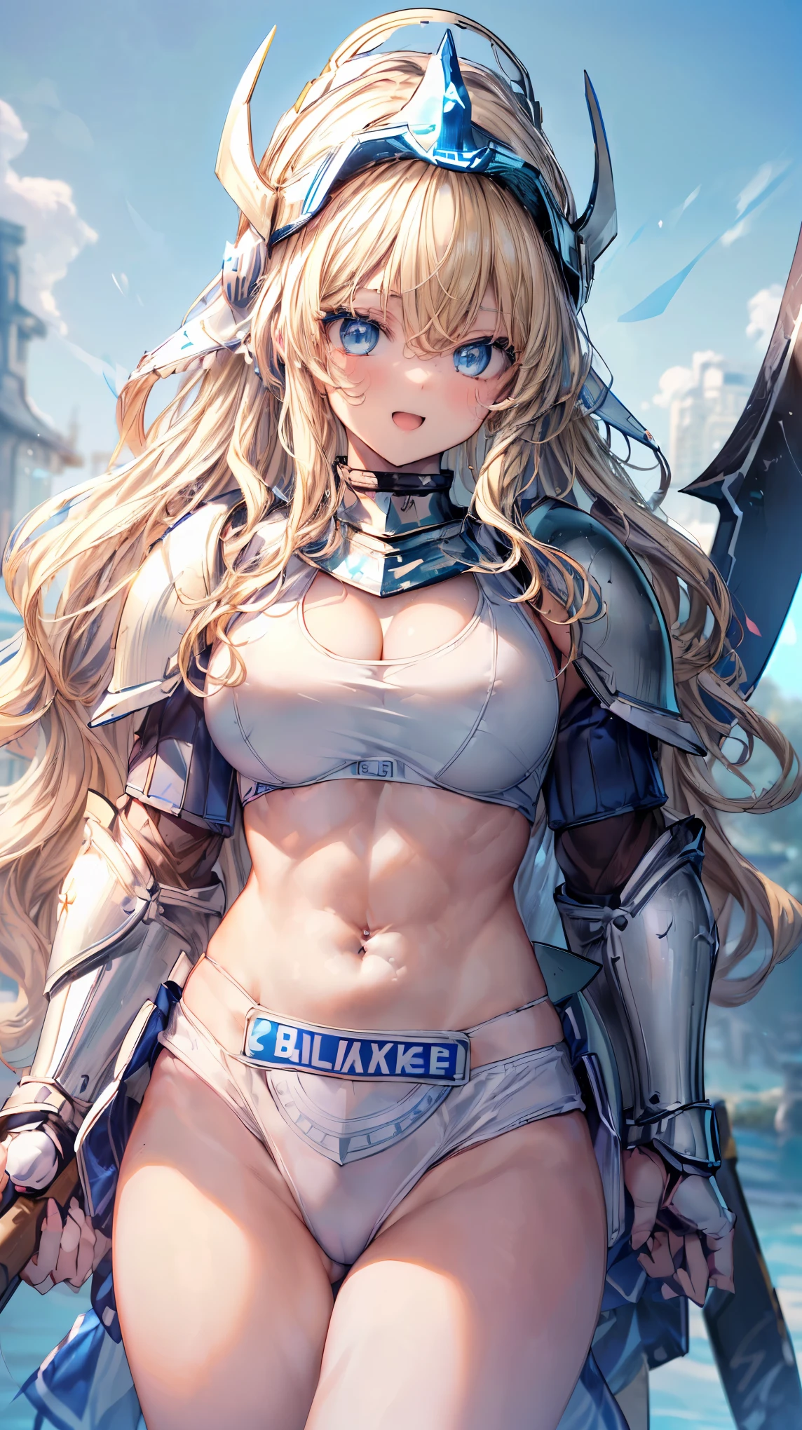 Very detailed、highest quality、(Best image quality:1.5)、(masterpiece:1.5)、8k、Anime Face、A kind smile、Open Mouth、(Beautiful bright blue eyes:1.5)、(Blonde wavy hair:1.5)、Muscles of the whole body、Thigh belt、(Wearing white bikini armor:1.5)、(Cowboy Shot:1.6)、(Wearing a helmet:1.5)、(Holding a battle axe:1.5)、Warm lighting