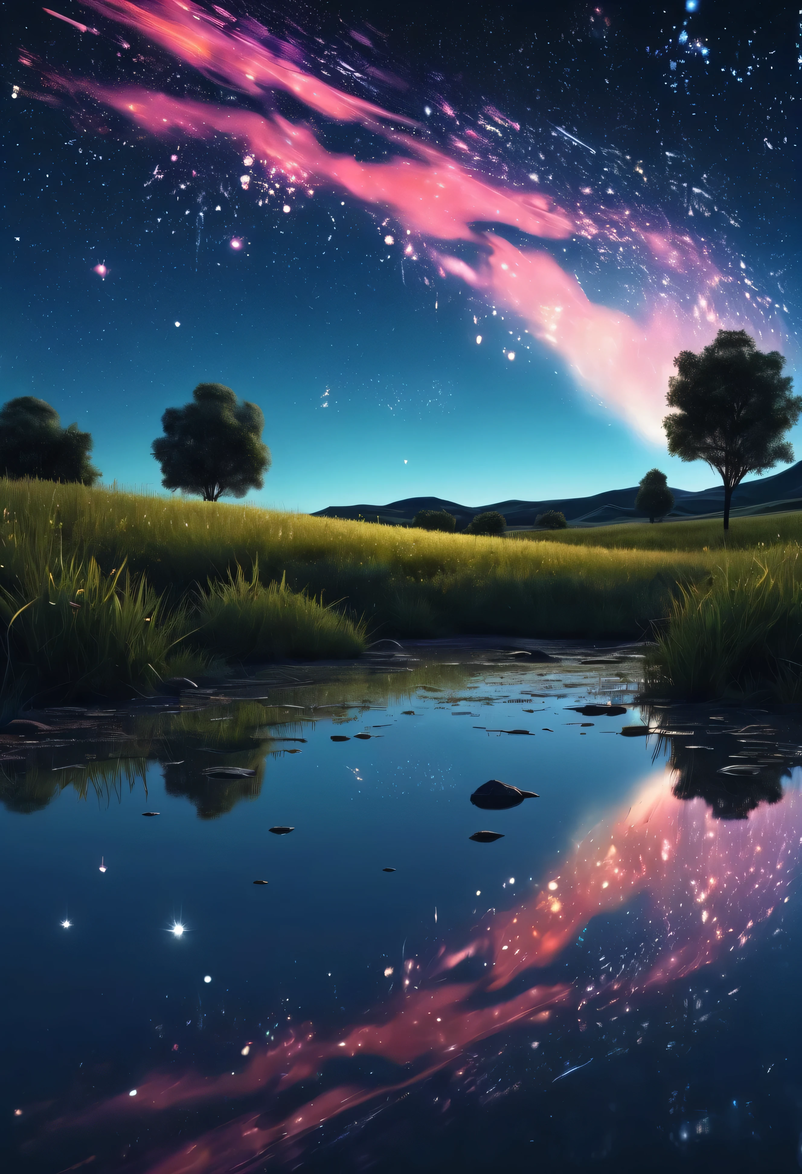 wallpaper, Midnight Sky, Meteors, field, Starry Sky, Cloudless sky, HD detailed, Wet watermark, Hyper Detail, movie, Surrealism, Soft, Ray Tracing, diffusion (Ultrafine glass reflection) and Surrealism.