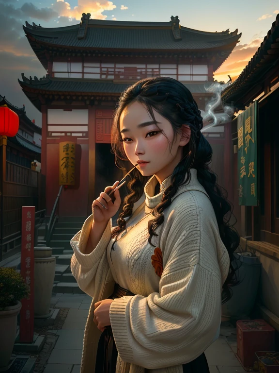 A young beautiful woman stands in front of a traditional Chinese building，Smoking a cigarette，Ethnographic beauty，The clouds in the sky are as beautiful as the sunset, The ultimate light and atmosphere，Gorgeous depiction of details，sweater，Beautiful curly braided hair，dusk，evening