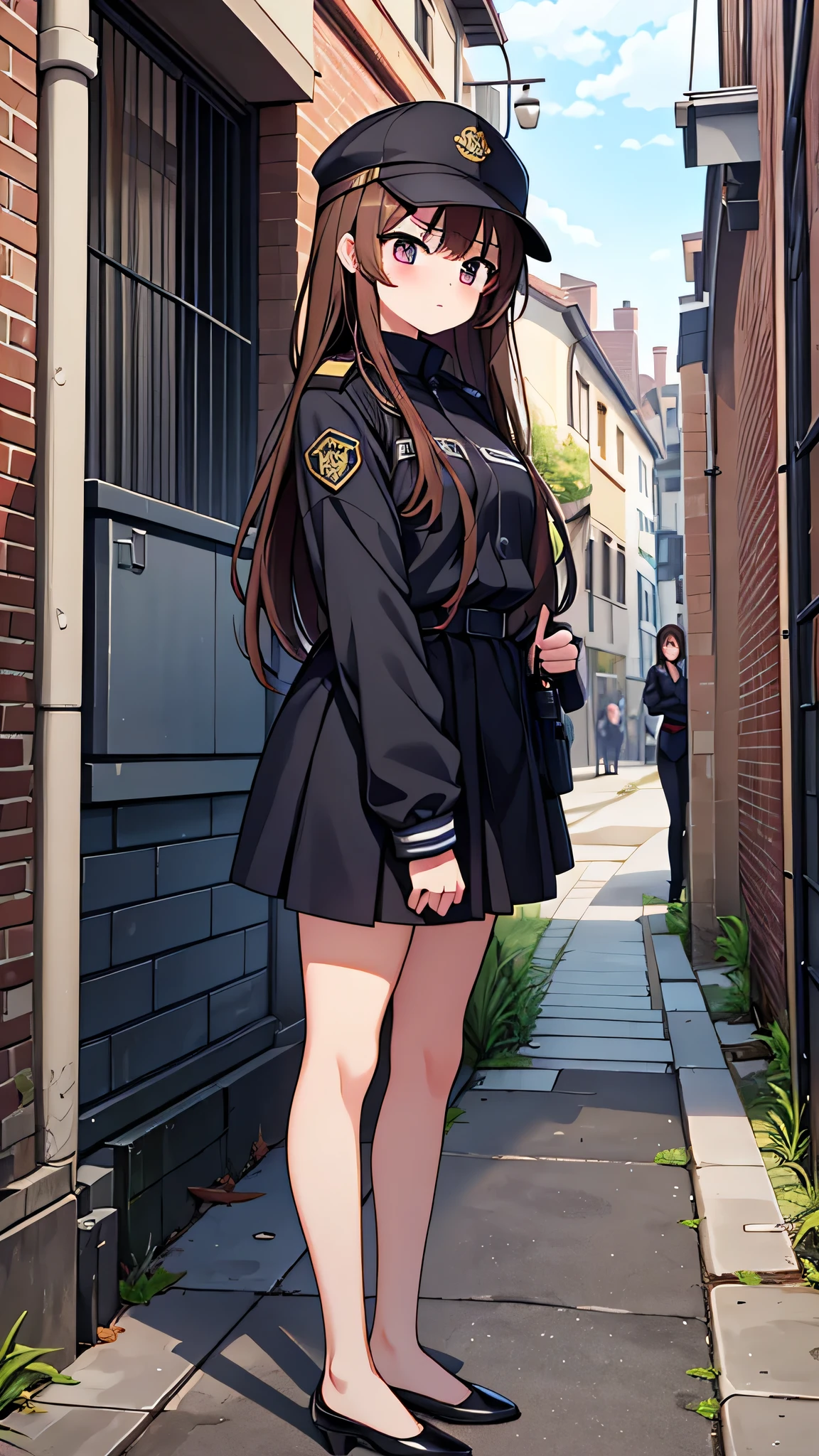 masterpiece、highest quality),Brown Hair,Long Hair,Two Girls,Bangs,Are standing,Lean your body forward a little,Men are standing,Back Alley,Braid,A woman wearing a uniform cap,Woman in security uniform,Woman with an angry face,Blushing,Slender women, A woman wearing plain black pumps,Bare feet and pumps,Straight Skirt