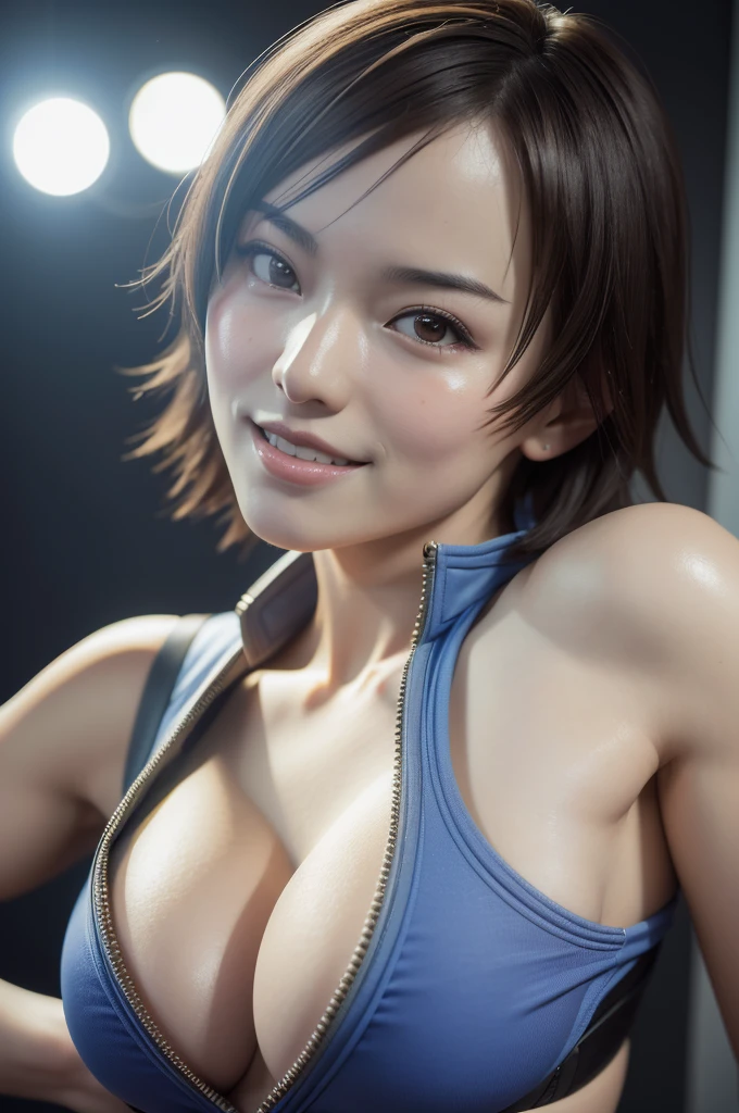 80's_jiaopian, 1girl, ((realistic)), ((photorealistic)),((high-res, masterpiece, best quality, cinema lighting)), masterpiece, best quality:1.2), upper body, solo, 1girl, smile, closed mouth, masterpiece, best quality, 4k, photograph, cinemtaic lighting, modelshoot, perfect lighting, perfect detailed face, professional photoshoot, seductive smile, (((huge breasts))),((((Asuka Kazama)))), realistic,(((beautiful))),japanese female,((mature female 1.3)), showing off armpit.