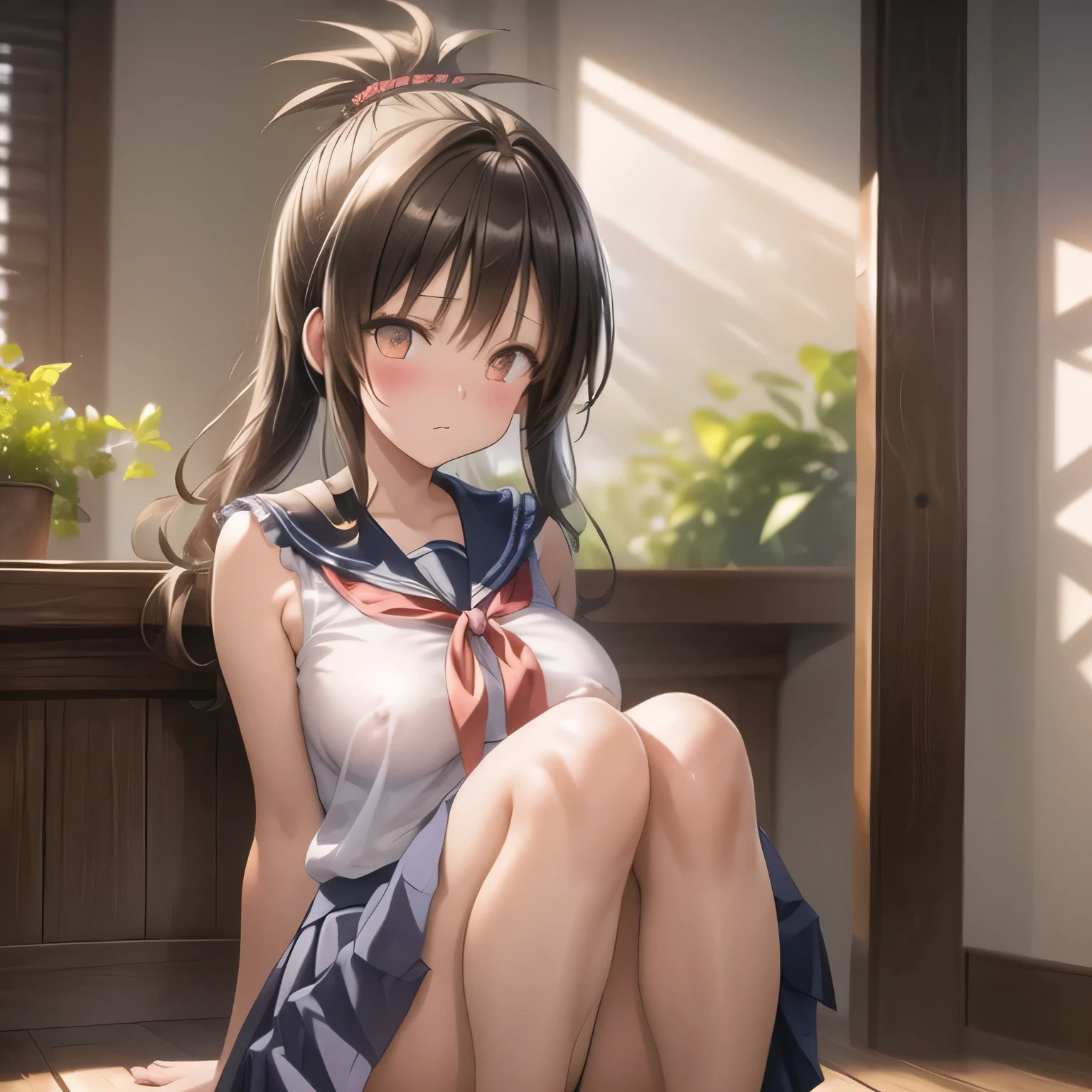 realistically, brown eyes, ponytail, glowing eyes, white short skirt, extra short skirt, Blush, daytime, Wet from the rain, see through, sleeveless shirt, nipples, pussy, crotch, embarrass, Sit with your knees raised, windy, yuki mikan, the skirt is turned up, highest quality, High resolution, highly detailed face, perfect lighting, Very detailed CG, perfect hands, perfect anatomy, hand pulled skirt up, medium breast,