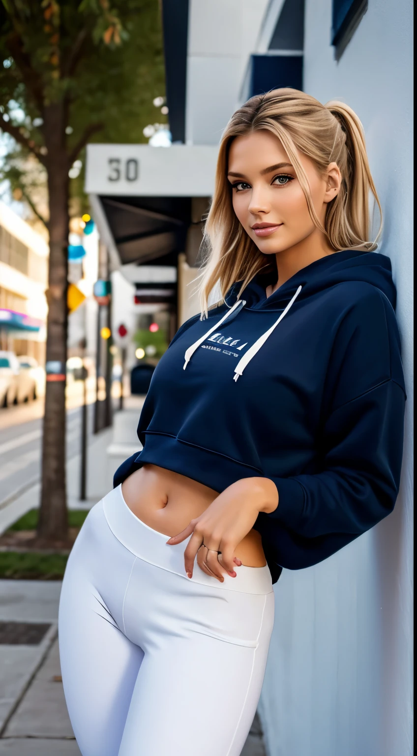 Foto hiperrealista en primer plano de Emily Sears, masterpiece, best quality, (photorealistic:1.4), full body, (navy blue oversize hoodie:1.1), (white half pant legs Leggings:1.2), in front of small hotel, cinematic light, beautiful woman, skinny, large big breasts, ponytail blond hair, detailed face, smile, facing the camera, photo taken from a distance, age of 20 years old,