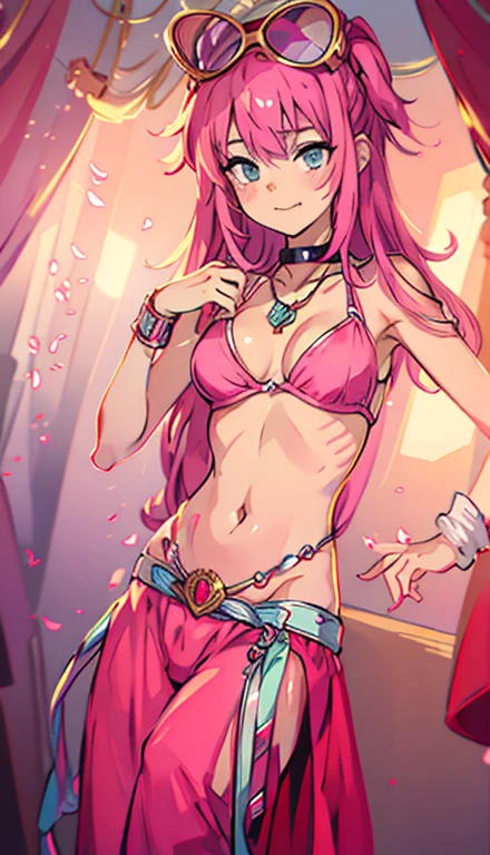 A smug narcissistic pink haired woman wearing a pink bra and blue pants and lots of jewelry flaunting herself