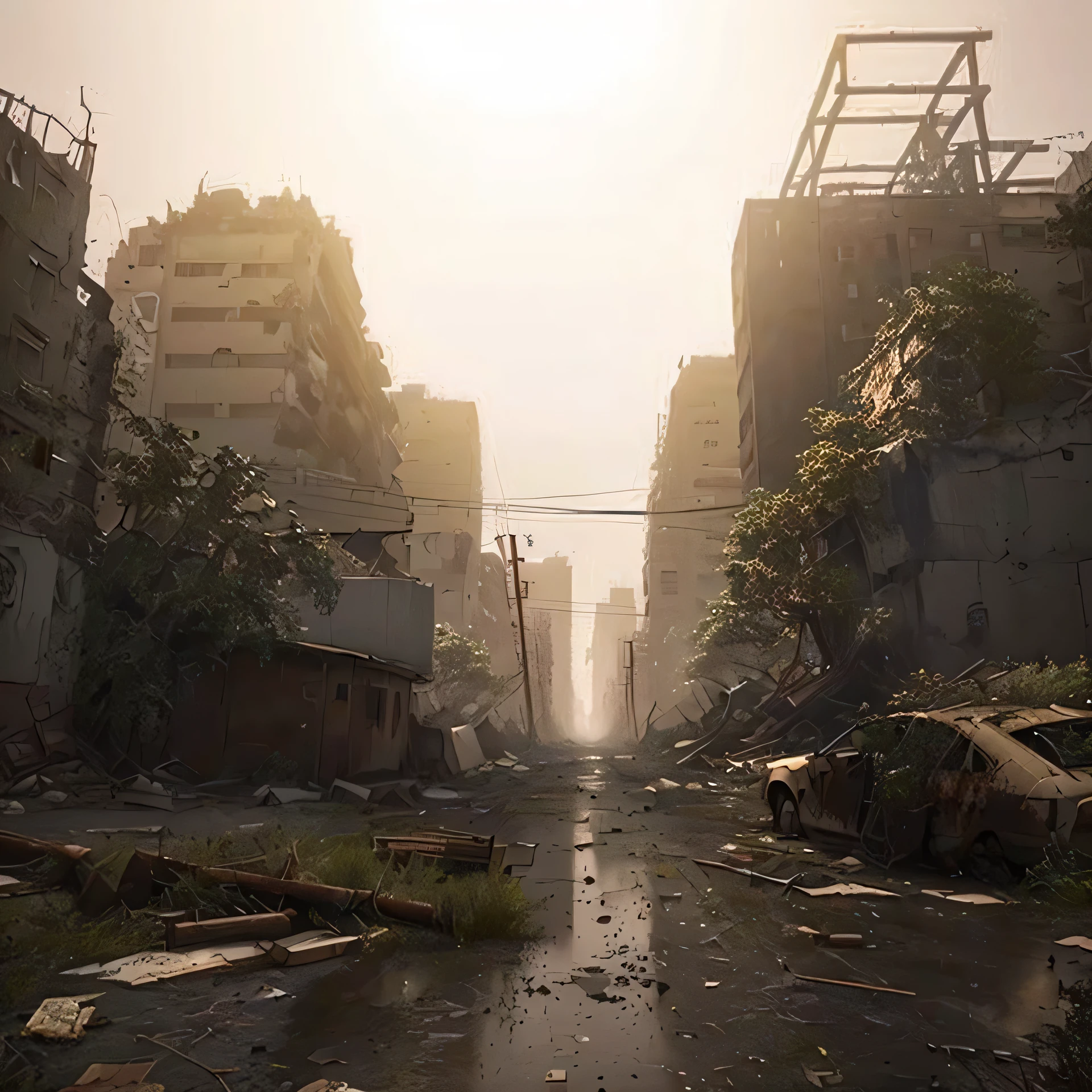 (best quality,4k,8k,highres,masterpiece:1.2),ultra-detailed,realistic:1.37, post-apocalyptic city streets, shattered objects, abundant trees, post-apocalyptic Tokyo, post-apocalyptic district, desolate city streets, abandoned dystopian city, post-apocalyptic cityscape, immersive Unreal Engine 3D game, picturesque dystopian setting, in a city after the apocalypse, surreal environment, vivid colors, HDR, studio lighting