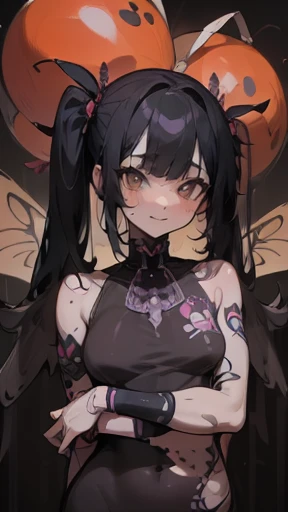woman、clown、AHE Face、(balloon、mahjong)、Full body portrait、(clownメイク) 、Purple and black twin tails、((Black tribal tattoos all over the body、Tattoo of wings on the chest、Insect tattoos、centipede tattoo on arm))、fallout,latex