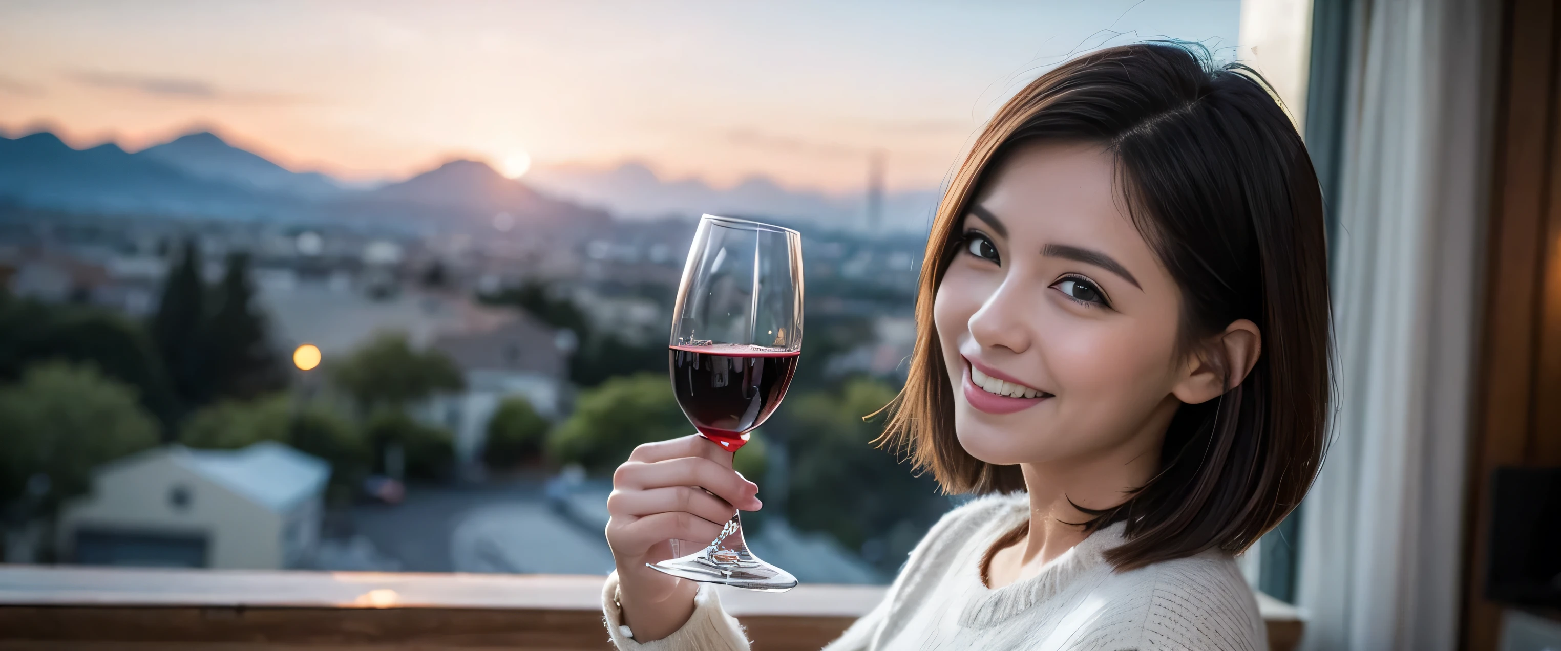 ((highest quality、8k、masterpiece:1.3))、Sharp focus:1.2、Beautiful woman perfect body:1.4、Slim body、((Bob Hale、Straight hair:1.2))、(to be born, highest quality, masterpiece:1.5), (Realistic, Intricate details:1.2), Ultra-high resolution, Please shine a light on my face、Amazing view of the sunset sky and clouds、Amazing mountain views、A bright smile、wine glass、red wine 、Appetizers、Italian food、Wine bottle、Champagne、sparkling wine、, Beautiful Face, blue eyes, The light shines on your face, Blushing, short hair,Bright Face、Fox face、 (36 years old), 39 years old, Lady、Two beauties、Brown Hair、Shortcuts、Long sleeve shirt、dress、Pretty Woman 1, (Slim face), (The body is slim), (Brown Hair), (Shortcuts), cheeks turn a little red,Attractive beauty、, Out of the window, A beautiful and detailed night view unfolds.........., restaurant, In a prominent place (From the waist up) Nova Frog Style, actress, model, Upper Body, White wine, slim, wine glass, A wine glass placed in the middle, smile, (smile: 1.15), Beautiful fine grain, Depth f/2,saturation, High Contrast, Strong light and shadow,Moist Body:1.5、3D texture、Delicate eyes、Brown Hair、The hair is very shiny、