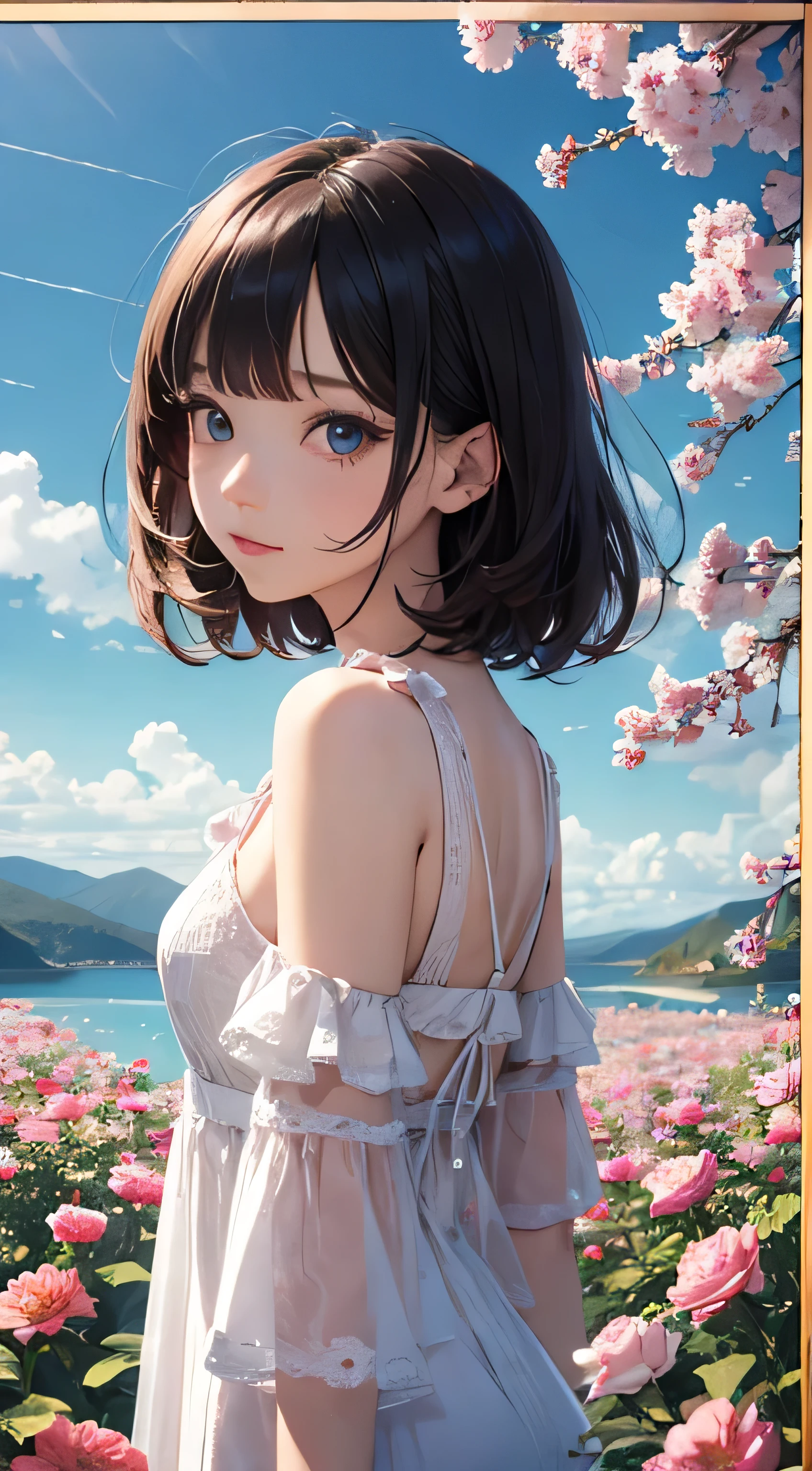 （Painting style close up，8K ultra-high resolution，A masterpiece Vista CG wallpaper），Beautiful skyline，Beautiful sky，Beautiful and delicate eyes，pretty girl，Perfect slim body，Shift dress，Pure Eyes，The skin is smooth like a baby，Standing on a high mountain overlooking the earth，Sky Sky，lake，Colorful flowers and plants、Short Hair、slender。
