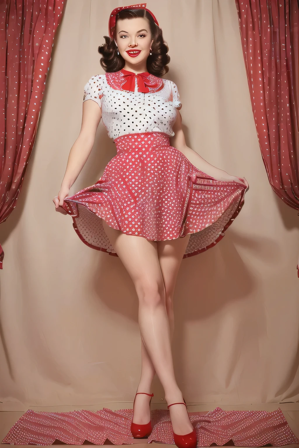 Ultra high resolution The girl leans forward at full heigh adding mystery and sexuality. (((Full length. the fluffy skirt rides up in the strong wind))) (((full skirt in pin-up style, knee length))) ((((((large polka dot print on a knee-length pin-up style dress that flutters in the wind))))) The dress in the style of the 1950s, complete with a full skirt and petticoat, a red bandana on the head, and red stockings on the legs. ((((girl bends down to her legs.)))) stands on her feet leaning forward in the style of pin-up posters, . happy Smiling face. (((posing with her skirt up like girls on pin-up posters))) (pin up style clothes) The photo is made in pin-up style the retro-USA vibe. overposing, strong posing like a model, the skirt rides up a lot in the wind. the skirt rides up in the wind, the model holds it with her hand. The model has a pin-up style with her hair styled in victory rolls, associated with Veronica Lake. She has plump sexy red lips, depicting an American housewife, against a single-color backgroundUltra hight resolution in stock photography style. The dress is minimalist in large checks in the style of the 1950s, complete with a full skirt and petticoat, a red bandana on the head, and red stockings on the legs. The photo is made in pin-up style. emphasizing the retro-USA vibe. Her hair in a 50's pin-up style and open mouth creates the image of a glamorous girl. plain studio background