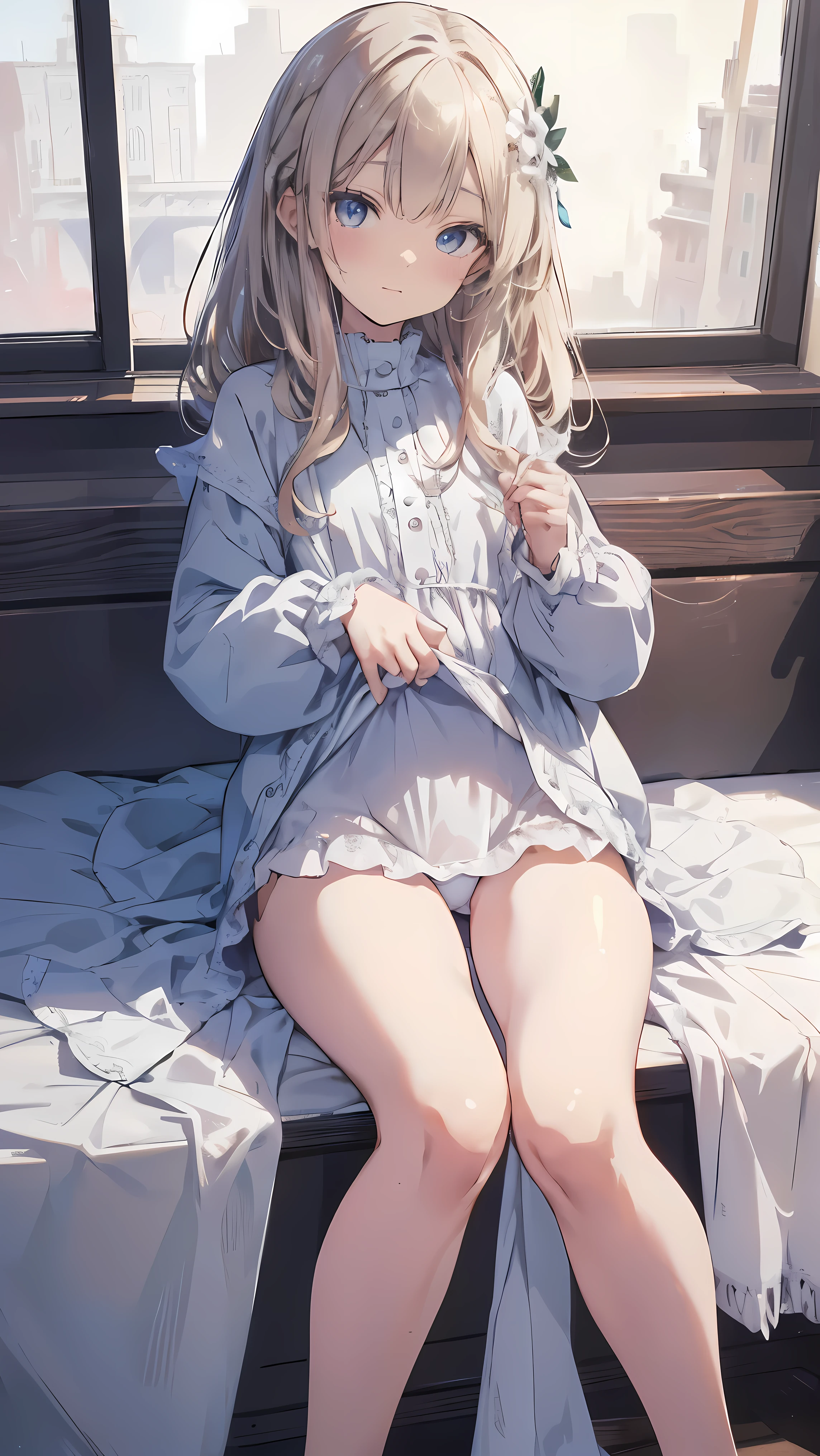 Anime girl sitting on a bed with a blue shirt and white skirt - SeaArt AI