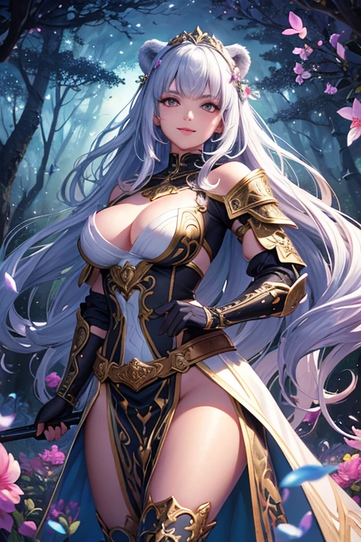 smiling fantasy barbarian girl,black bear,illustration,ultra-detailed,painted style,vibrant colors,wildflowers and butterflies,heroic pose,enchanted forest,magical atmosphere,sunlight filtering through trees,lush greenery,fantasy portrait,adventure theme,strong and fearless girl,braided hair,wilderness,forest guardian,ancient ruins,leather armor,fierce expression,beautiful detailed eyes,beautiful detailed lips,soft lighting,enchanted sword,fantasy creatures,strength and beauty,bravery and courage,mythical realm,crown of flowers,serene and confident,mysterious aura,wisps of magic,extraordinary power,noble and divine,heroic companion,fierce loyalty,magnificent fantasy world,powerful friendship,endless possibilities.