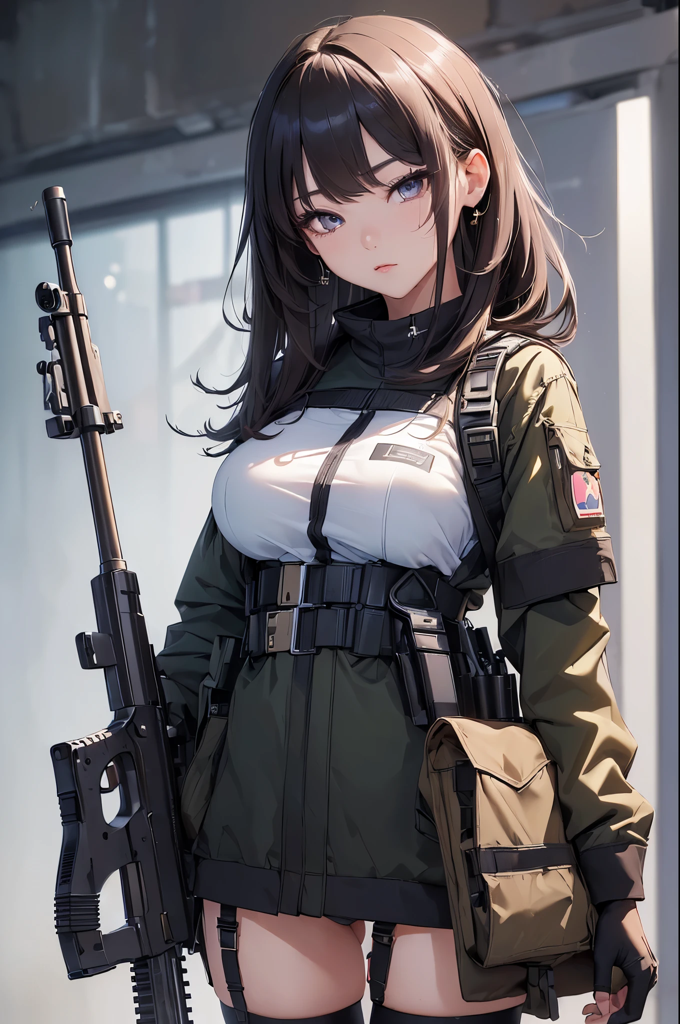 (((masterpiece))),(((High resolution)))、(((8K)))、(((perfect face)))、(((Korean idol))), 20 years old, ((Beautiful woman with a assault rifle)), (panty), ((M416)), (top quality eyes), (detailed face), (detailed texture), look at the camera