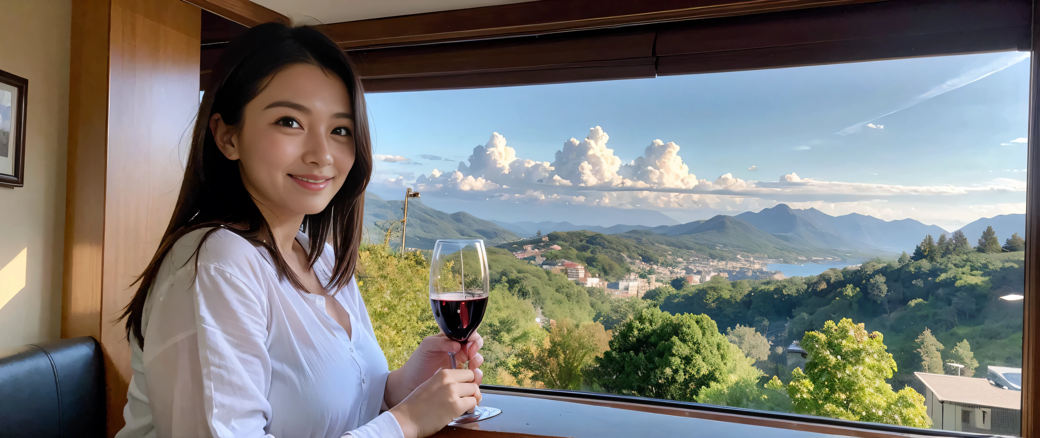 ((highest quality、8k、masterpiece:1.3))、Sharp focus:1.2、Beautiful woman perfect body:1.4、Slim body、((Bob Hale、Straight hair:1.2))、(to be born, highest quality, masterpiece:1.5), (Realistic, Intricate details:1.2), Ultra-high resolution, Please shine a light on my face、Amazing view of the sunset sky and clouds、Amazing mountain views、A bright smile、wine glass、red wine 、Appetizers、Italian food、Wine bottle、Champagne、sparkling wine、, Beautiful Face, blue eyes, The light shines on your face, Blushing, short hair,Bright Face、Fox face、 (36 years old), 39 years old, Lady、Two beauties、Brown Hair、Shortcuts、Long sleeve shirt、dress、Pretty Woman 1, (Slim face), (The body is slim), (Brown Hair), (Shortcuts), cheeks turn a little red,Attractive beauty、, Out of the window, A beautiful and detailed night view unfolds.........., restaurant, In a prominent place (From the waist up) Nova Frog Style, actress, model, Upper Body, White wine, slim, wine glass, A wine glass placed in the middle, smile, (smile: 1.15), Beautiful fine grain, Depth f/2,saturation, High Contrast, Strong light and shadow,Moist Body:1.5、3D texture、Delicate eyes、Brown Hair、The hair is very shiny、
