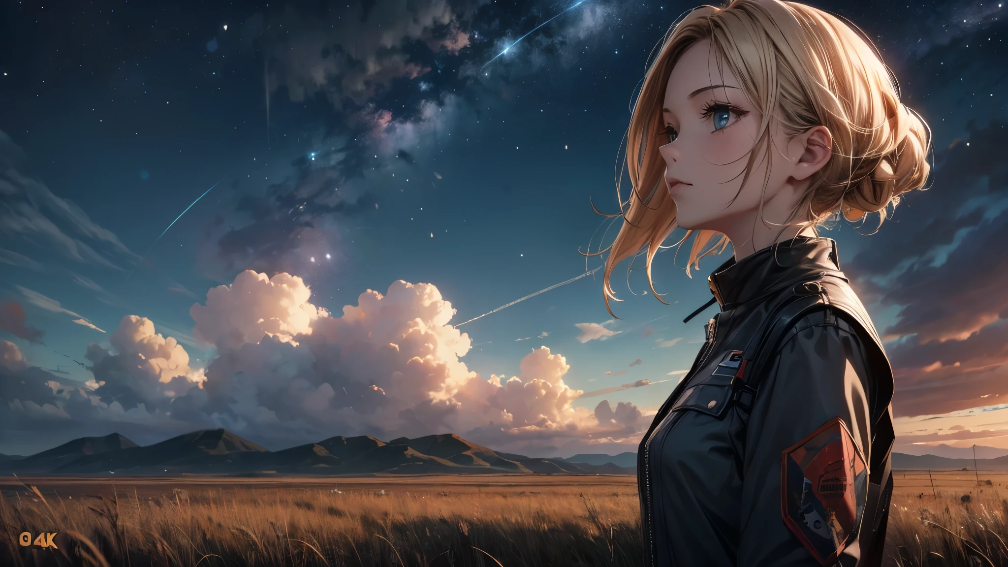 (highest quality,4K,8k,High resolution,masterpiece:1.2),Very detailed,Realistic,photoRealistic:1.37, High resolution,超High resolution,Studio Lighting,Ultra-fine painting,Sharp focus,Physically Based Rendering,Very detailed説明,Professional,Vibrant colors,Bokeh,girl,,((Dark Sky, Giant glass country, Ruined, Vast grassland)),no one, Blonde Short Hair, girl in her twenties