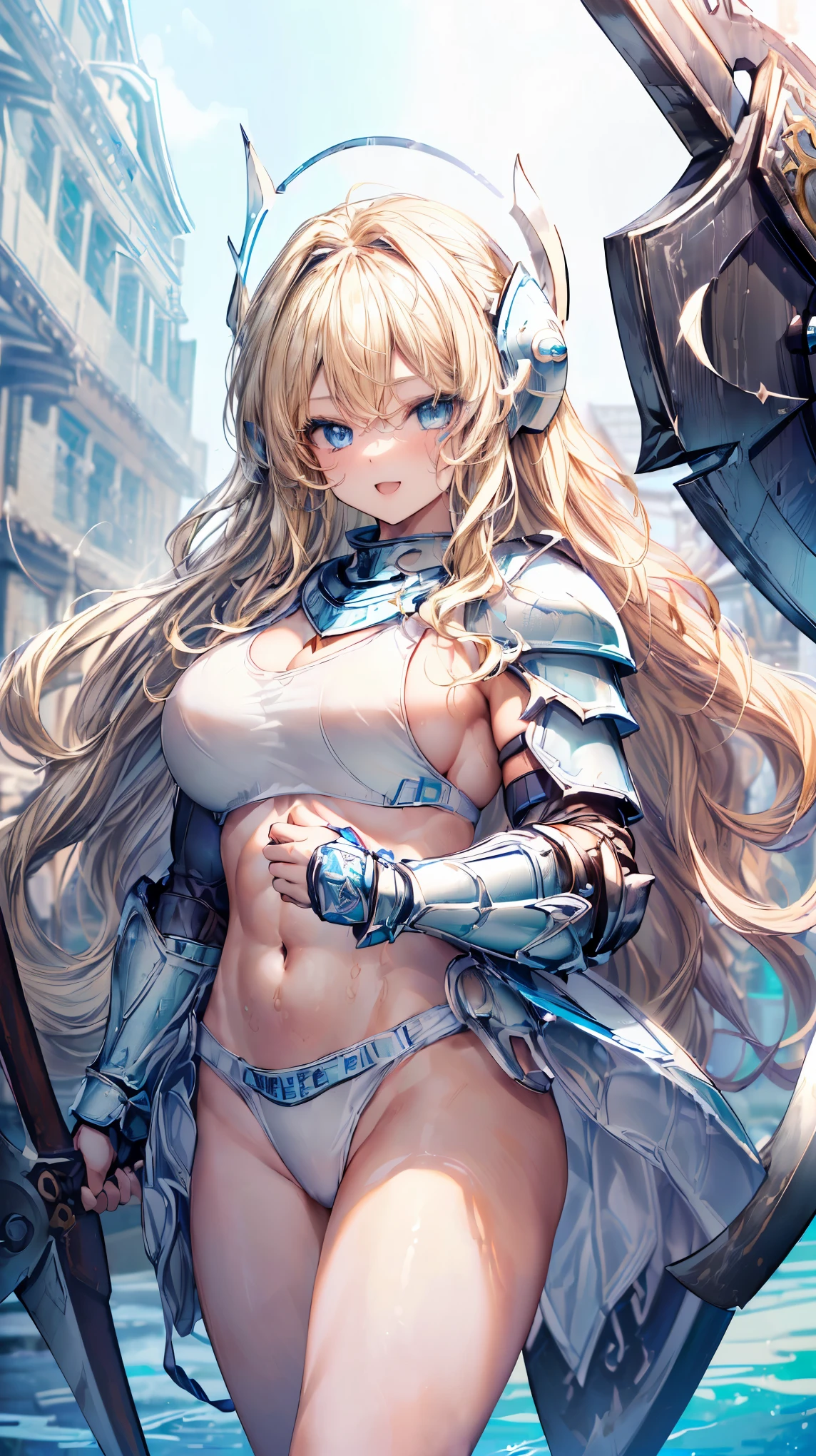 Very detailed、highest quality、(Best image quality:1.5)、(masterpiece:1.5)、8k、Anime Face、A kind smile、Open Mouth、(Beautiful bright blue eyes:1.5)、(Blonde wavy hair:1.5)、Muscles of the whole body、Thigh belt、(Wearing white bikini armor:1.5)、(Cowboy Shot:1.6)、(Wearing a helmet:1.5)、(Holding a battle axe:1.5)、Warm lighting