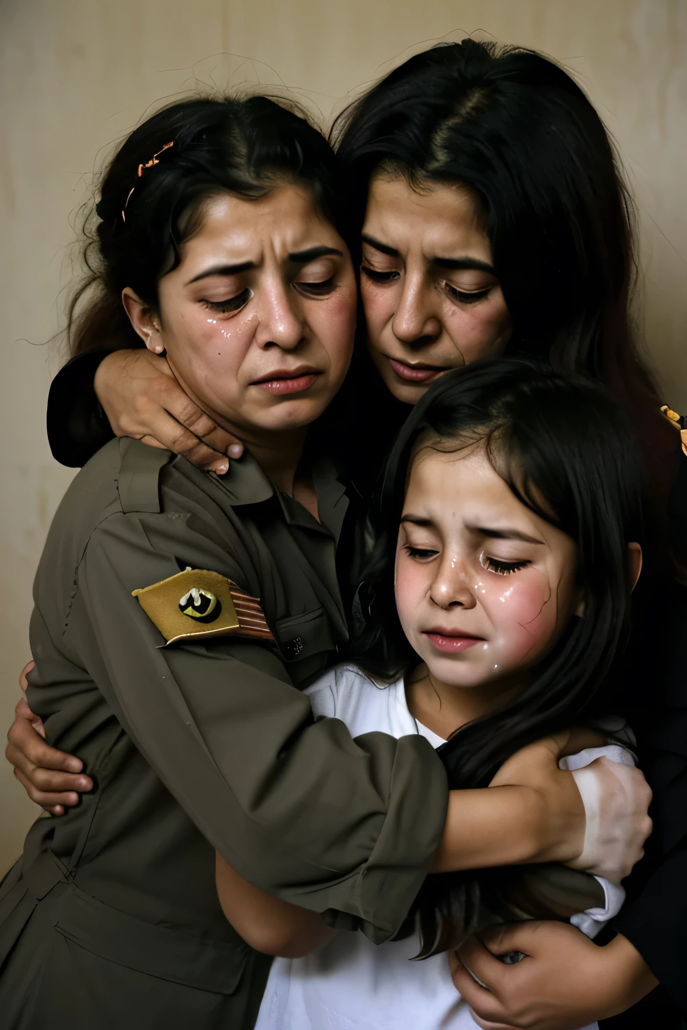 Irak, mother and daughter hugging crying the death of their little brother in the war