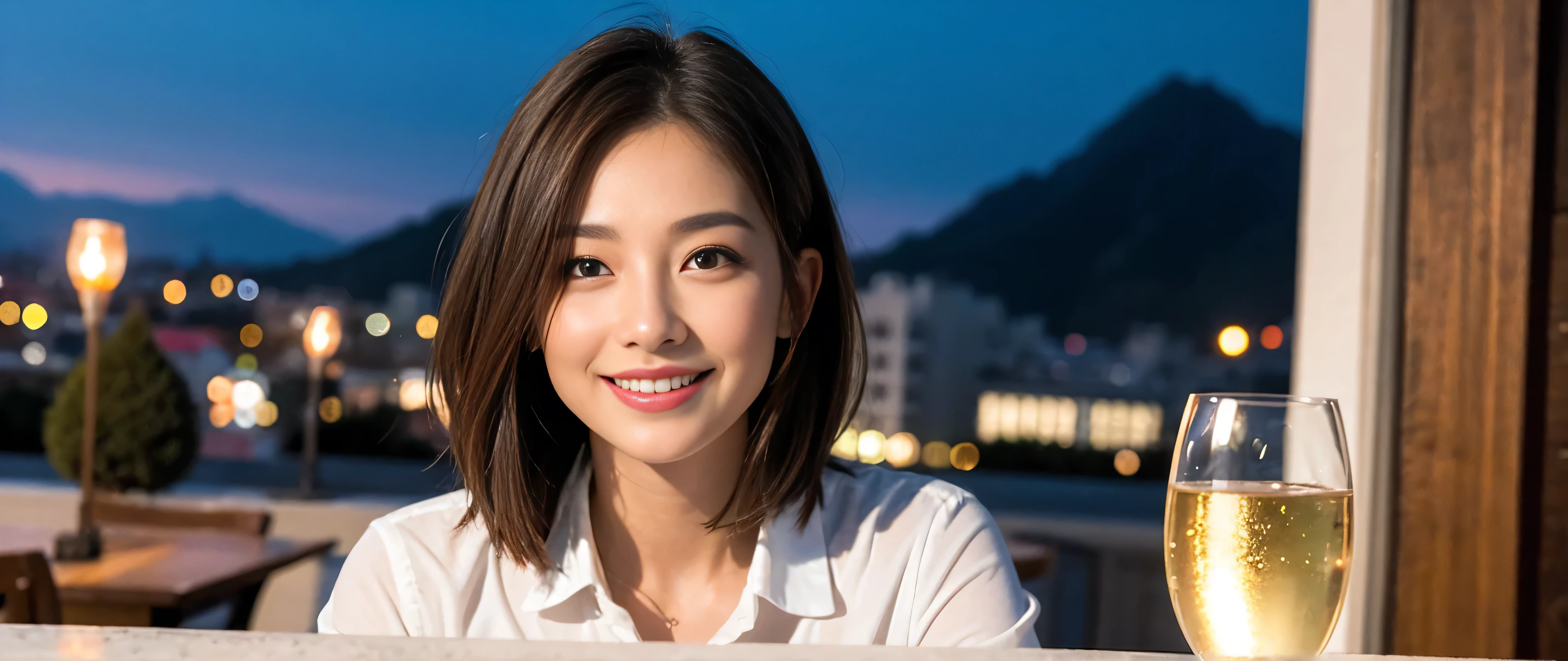 ((highest quality、8k、masterpiece:1.3))、Sharp focus:1.2、Beautiful woman perfect body:1.4、Slim body、((Bob Hale、Straight hair:1.2))、(to be born, highest quality, masterpiece:1.5), (Realistic, Intricate details:1.2), Ultra-high resolution, Please shine a light on my face、Amazing view of the sunset sky and clouds、Amazing mountain views、A bright smile、wine glass、red wine 、Appetizers、Italian food、Wine bottle、Champagne、sparkling wine、, Beautiful Face, blue eyes, The light shines on your face, Blushing, short hair,Bright Face、Fox face、 (36 years old), 39 years old, Lady、Two beauties、Brown Hair、Shortcuts、Long sleeve shirt、dress、Pretty Woman 1, (Slim face), (The body is slim), (Brown Hair), (Shortcuts), cheeks turn a little red,Attractive beauty、, Out of the window, A beautiful and detailed night view unfolds.........., restaurant, In a prominent place (From the waist up) Nova Frog Style, actress, model, Upper Body, White wine, slim, wine glass, A wine glass placed in the middle, smile, (smile: 1.15), Beautiful fine grain, Depth f/2,saturation, High Contrast, Strong light and shadow,Moist Body:1.5、3D texture、Delicate eyes、Brown Hair、The hair is very shiny、