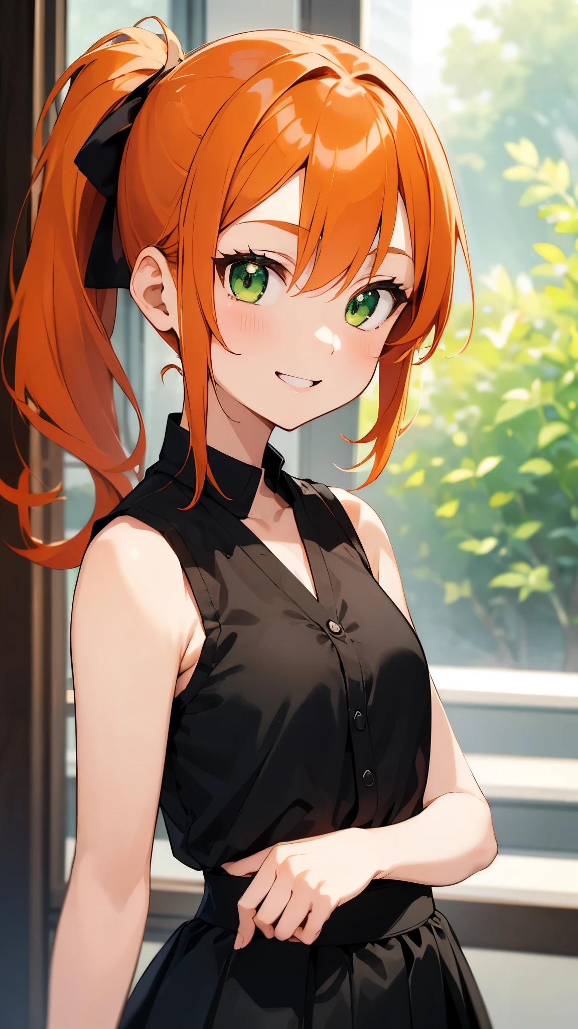 masterpiece、highest quality、1 girl、anime painting、Orange Hair、Beautiful green eyes、Side Ponytail、Sleeveless shirt、Black Skirt、Upper body close-up、From the side、smile、Open your mouth、Sharp contours