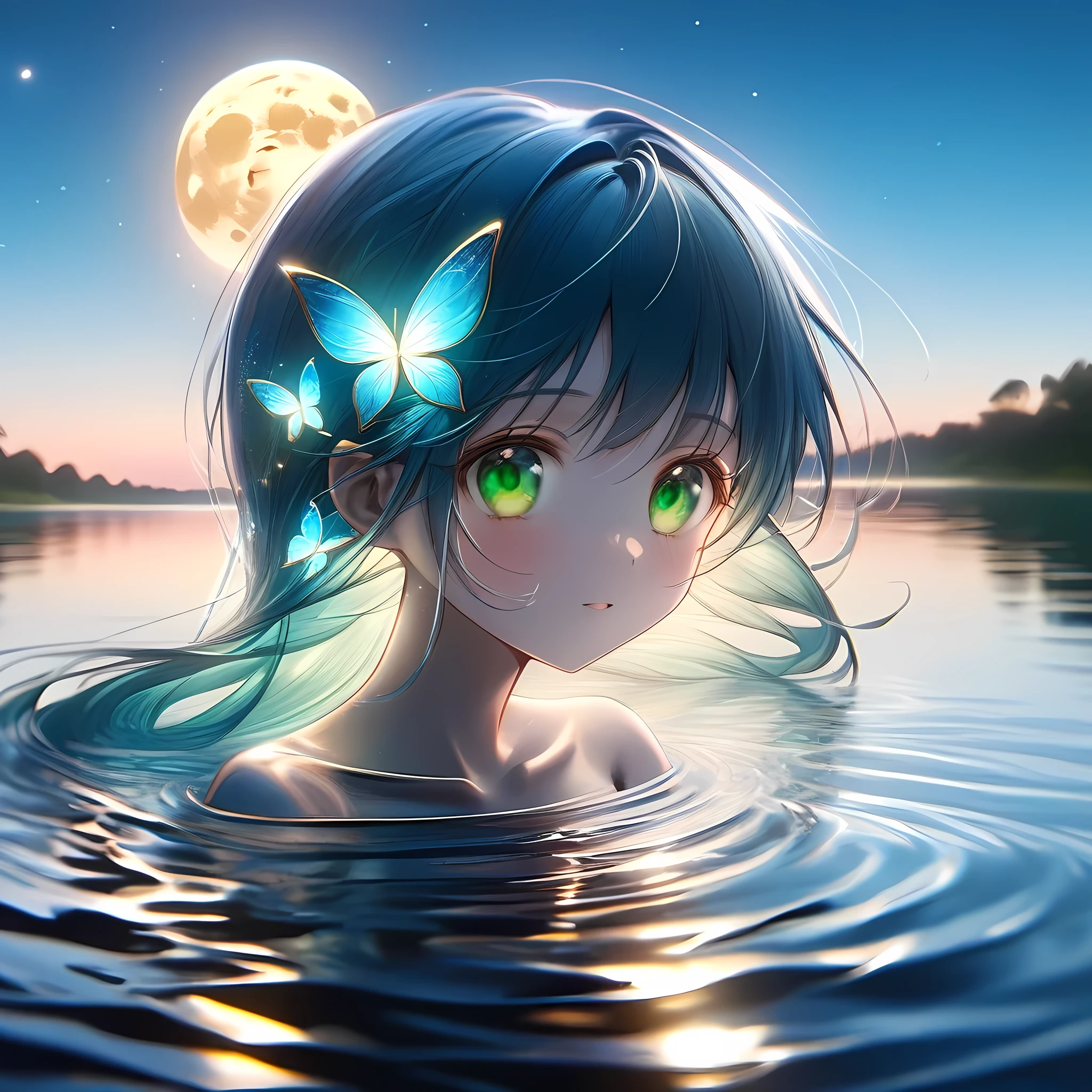 one princess floating on the lake, at midnight, the young siter taste, pale blue moon, cute face, sky blue semi-long hair, emerald green eyes, shy, water magic, flying butterflies, illusory scene, calm, impressive, portrait, ((masterpiece, best quality, ultra-detailed, an extremely delicate and beautiful)), ((potorealism, hyperrealism)), ((extremely detailed CG unity 8k wallpaper)), ((award winning, ccurate, UHD, textured skin, chromatic aberration, perfect anatomy, golden ratio)), (exquisite attention to detail), ((perfect_composition, perfect_design, perfect_layout, perfect_detail, ultra_detailed)), ((aesthetic harmony)), ((aesthetic style))
