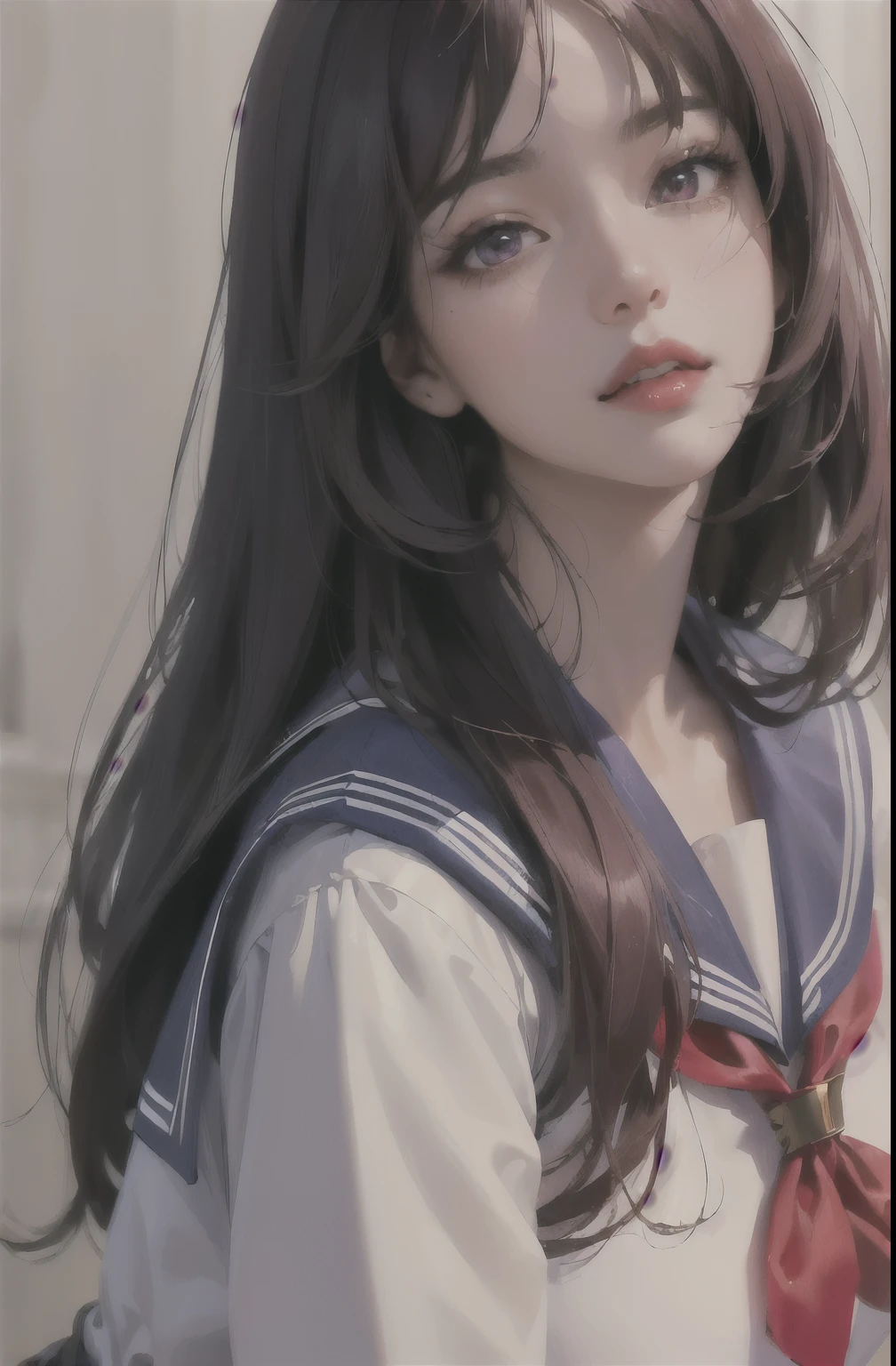 One Girl, (masterpiece:1.4),(highest quality:1.4), (Live Action, Intricate details), High resolution, photograph, (Highly detailed face, Realistic Skin, Realistic body), Sailor Mars, (Shiny skin), Red lips, (Big Breasts), (Upper Body), Dark purple hair, Long Hair, , Knee socks, High heels