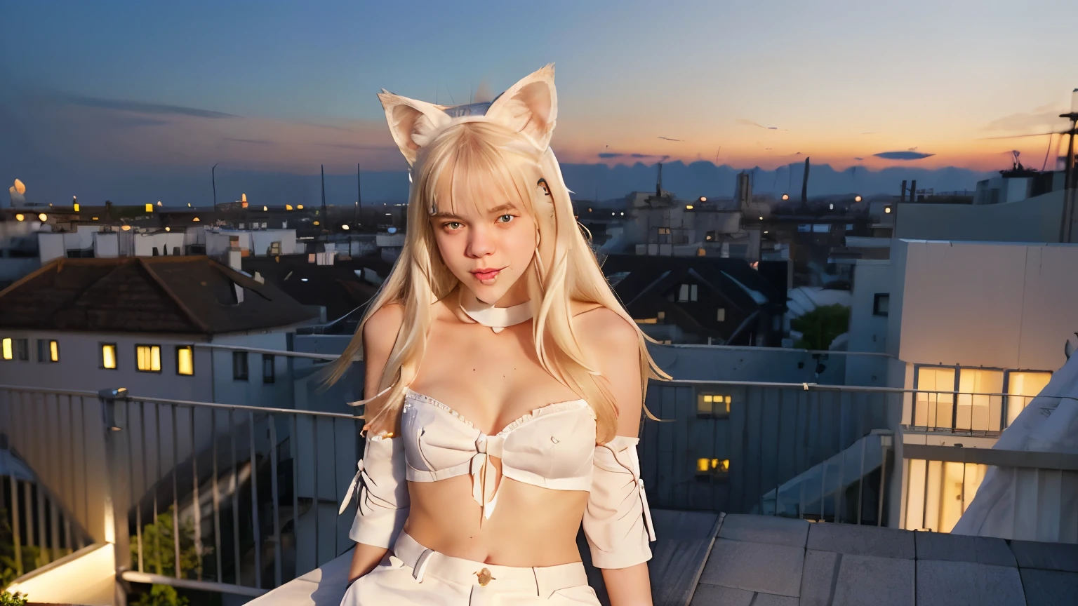blond woman in white cat ears and white shorts on a rooftop, beautiful young catgirl, attractive cat girl, white cat girl, very beautiful cute catgirl, girl with cat ears, girl with fox ears, elle fanning at night, cat girl, white fox ears, woman with cat ears, foxgirl, white ( cat ) girl, catgirl, cat ears