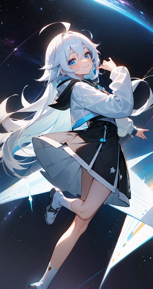 (Shiny skin), White hoodie, Black Skirt, Straight hair, Princess Hairstyles, Ahoge ,White long knee socks,smile,(highest quality, masterpiece), 1 girl, Long Hair, Gray Hair, Starry Sky, Long Hair, (Clear bright blue eyes), Ahoge, idiot girl, Black and white dresses, (space)), low length, Soft Light,