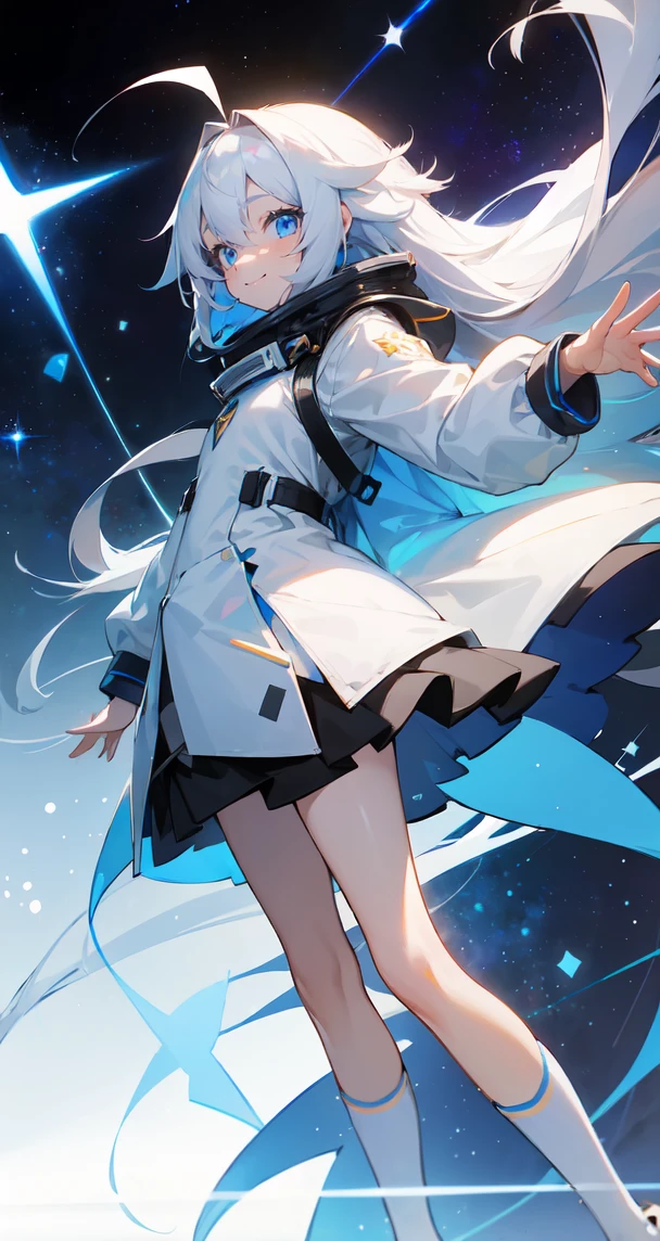 (Shiny skin), White hoodie, Black Skirt, Straight hair, Princess Hairstyles, Ahoge ,White long knee socks,smile,(highest quality, masterpiece), 1 girl, Long Hair, Gray Hair, Starry Sky, Long Hair, (Clear bright blue eyes), Ahoge, idiot girl, Black and white dresses, (space)), low length, Soft Light,
