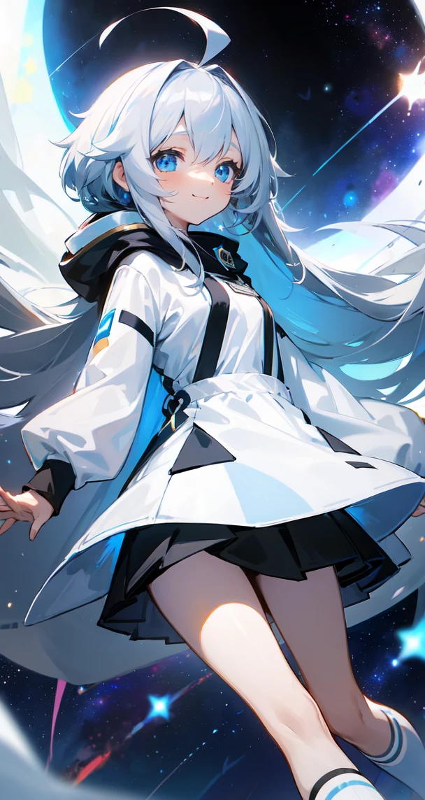  (Shiny skin), White hoodie, Black Skirt, Straight hair, Princess Hairstyles, Ahoge ,White long knee socks,smile,(highest quality, masterpiece), 1 girl, Long Hair, Gray Hair, Starry Sky, Long Hair, (Clear bright blue eyes), Ahoge, idiot girl, Black and white dresses, (space)), low length, Soft Light,