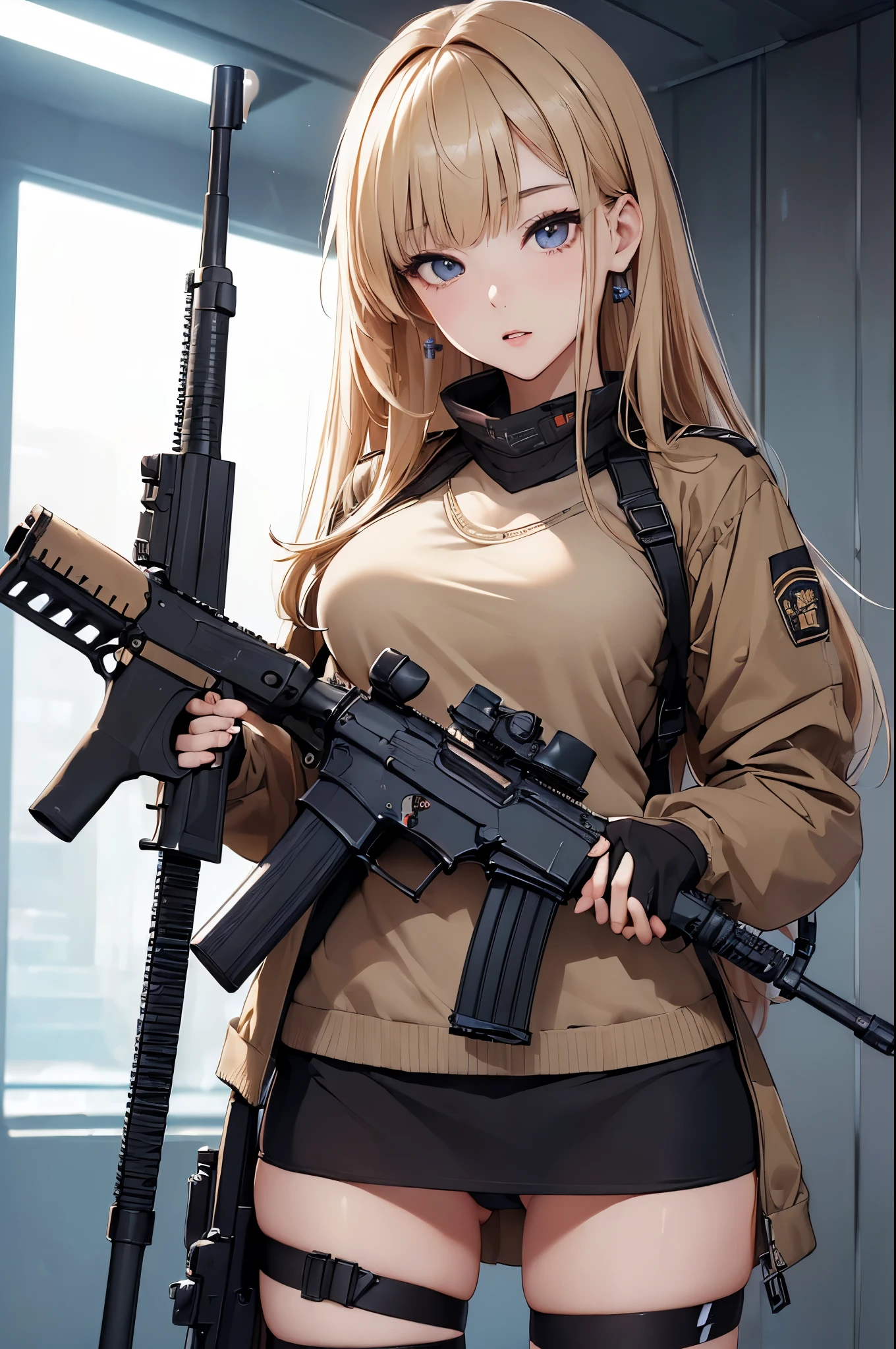 (((masterpiece))),(((High resolution)))、(((8K)))、(((perfect face)))、(((Korean idol))), 20 years old, (((Beautiful woman have a assault rifle))), (panty), ((M416)), (top quality eyes), (detailed face), (detailed texture), look at the camera