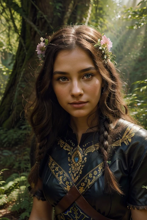 smiling fantasy barbarian girl,black bear,illustration,ultra-detailed,painted style,vibrant colors,wildflowers and butterflies,heroic pose,enchanted forest,magical atmosphere,sunlight filtering through trees,lush greenery,fantasy portrait,adventure theme,strong and fearless girl,braided hair,wilderness,forest guardian,ancient ruins,leather armor,fierce expression,beautiful detailed eyes,beautiful detailed lips,soft lighting,enchanted sword,fantasy creatures,strength and beauty,bravery and courage,mythical realm,crown of flowers,serene and confident,mysterious aura,wisps of magic,extraordinary power,noble and divine,heroic companion,fierce loyalty,magnificent fantasy world,powerful friendship,endless possibilities.