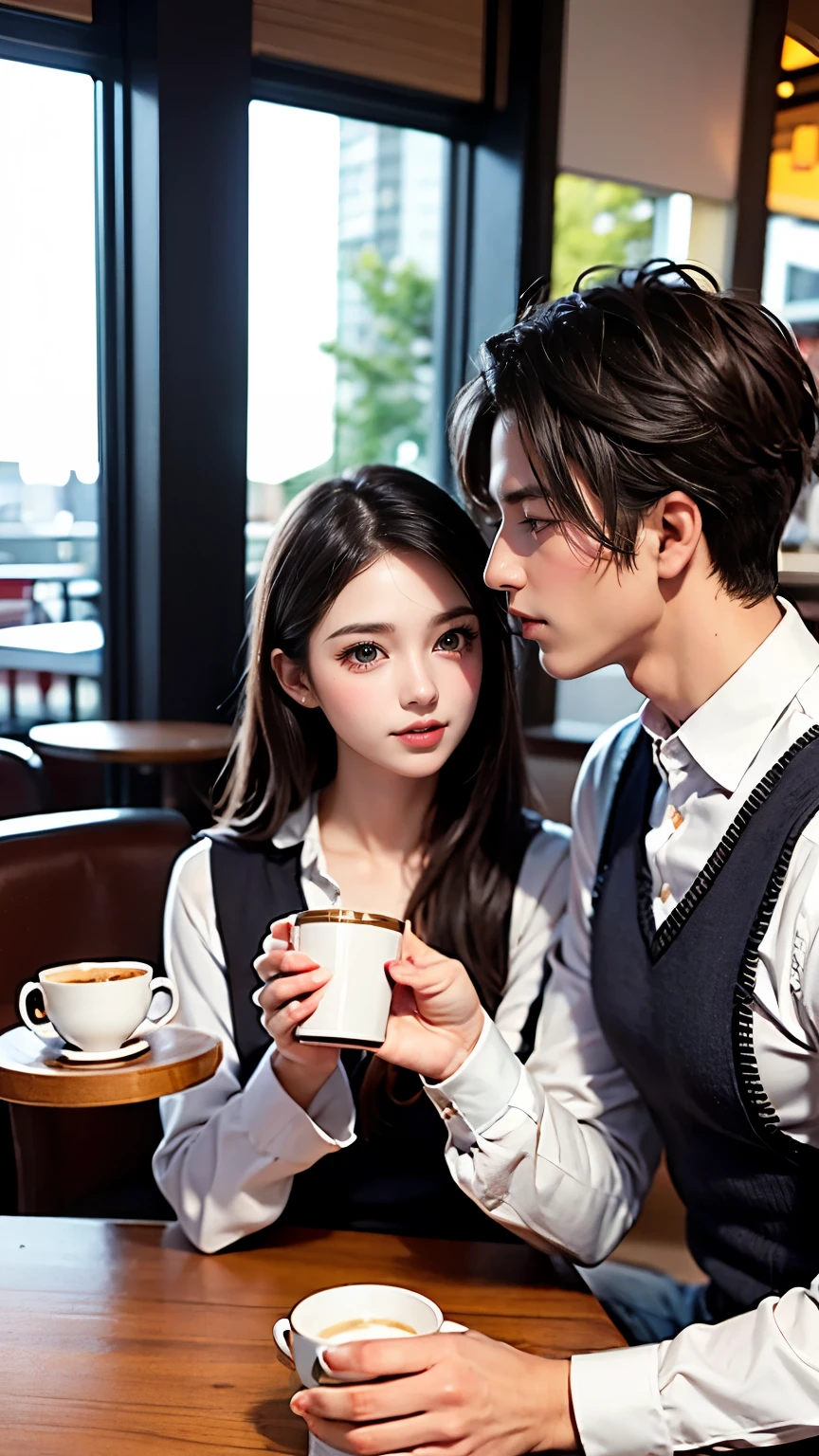 Beautiful man and woman drinking coffee in a cafe、Couple