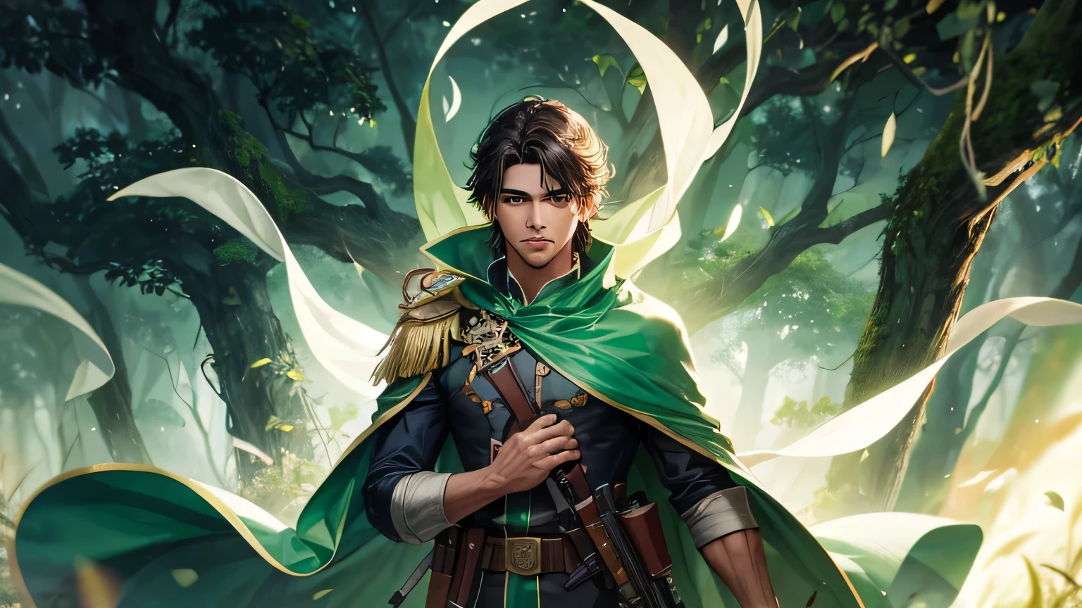 imagen de un guerrero masculino joven, basado en combate sin armas que genera auras magicas de color verde que parezcan un escudo alrededor de su cuerpo. el aura tiene que estar por todo el cuerpo. el fondo de la imagen tiene que ser en un ambiente de naturaleza, por ejemplo un bosque verde. el personaje debera estar ubicado en la parte izquierda de la imagen, ocupando aproximadamente un tercio de la misma, ligeramente ladeado