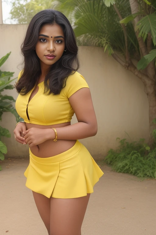 ((best quality)), ((masterpiece)), (detailed), perfect face,tamil 30 year woman in yellow mini skirt and high heels