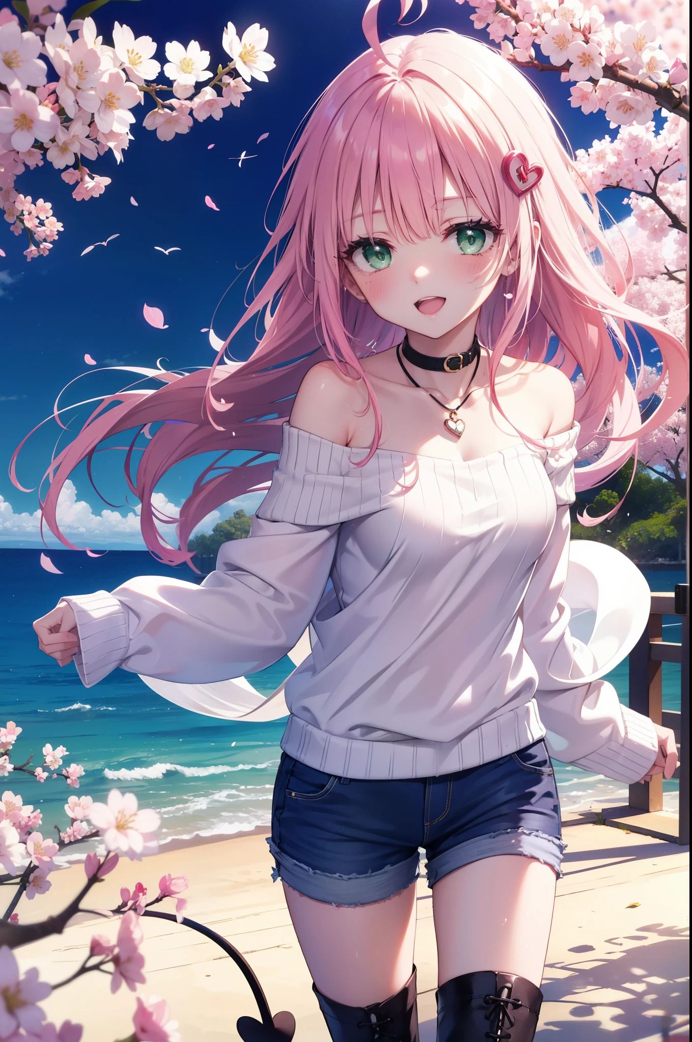 Lara Deviluke, Lara Deviluke, Long Hair, Pink Hair, tail, Ahoge, bangs, hair ornaments, (Green Eyes:1.5), happy smile, smile, Open your mouth,demon tail,Off-the-shoulder sweater,Exposing shoulders,bare clavicle,Bare neck,Heart Pendant,Shorts,Black Pantyhose,short boots,Cherry blossoms are blooming,Cherry blossoms are scattered,Cherry blossom tree-lined path,Daytime,Clear skies,
break outdoors, city,ビル街
break looking at viewer, (Cowboy Shot:1. 5)
break (masterpiece:1.2), highest quality, High resolution, unity 8k w全てpaper, (shape:0.8), (beautiful detailed eyes:1.6), extremely detailed face, Perfect lighting, extremely detailed CG, (Perfect hands, Perfect Anatomy),