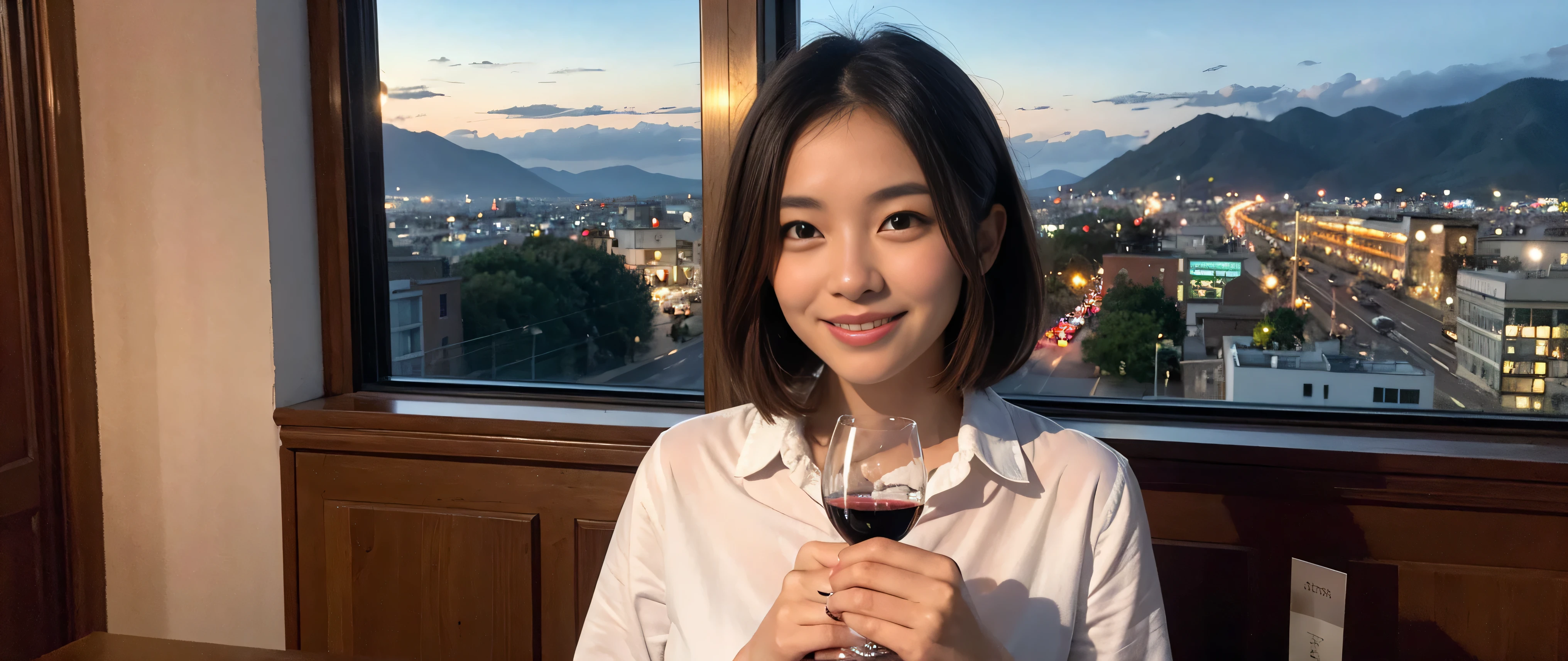 ((highest quality、8k、masterpiece:1.3))、Sharp focus:1.2、Beautiful woman perfect body:1.4、Slim body、((Bob Hale、Straight hair:1.2))、(to be born, highest quality, masterpiece:1.5), (Realistic, Intricate details:1.2), Ultra-high resolution, Please shine a light on my face、Amazing view of the sunset sky and clouds、Amazing mountain views、A bright smile、wine glass、red wine 、Appetizers、Italian food、Wine bottle、Champagne、sparkling wine、, Beautiful Face, blue eyes, The light shines on your face, Blushing, short hair,Bright Face、Fox face、 (36 years old), 39 years old, Lady、Two beauties、Brown Hair、Shortcuts、Long sleeve shirt、dress、Pretty Woman 1, (Slim face), (The body is slim), (Brown Hair), (Shortcuts), cheeks turn a little red,Attractive beauty、, Out of the window, A beautiful and detailed night view unfolds.........., restaurant, In a prominent place (From the waist up) Nova Frog Style, actress, model, Upper Body, White wine, slim, wine glass, A wine glass placed in the middle, smile, (smile: 1.15), Beautiful fine grain, Depth f/2,saturation, High Contrast, Strong light and shadow,Moist Body:1.5、3D texture、Delicate eyes、Brown Hair、The hair is very shiny、