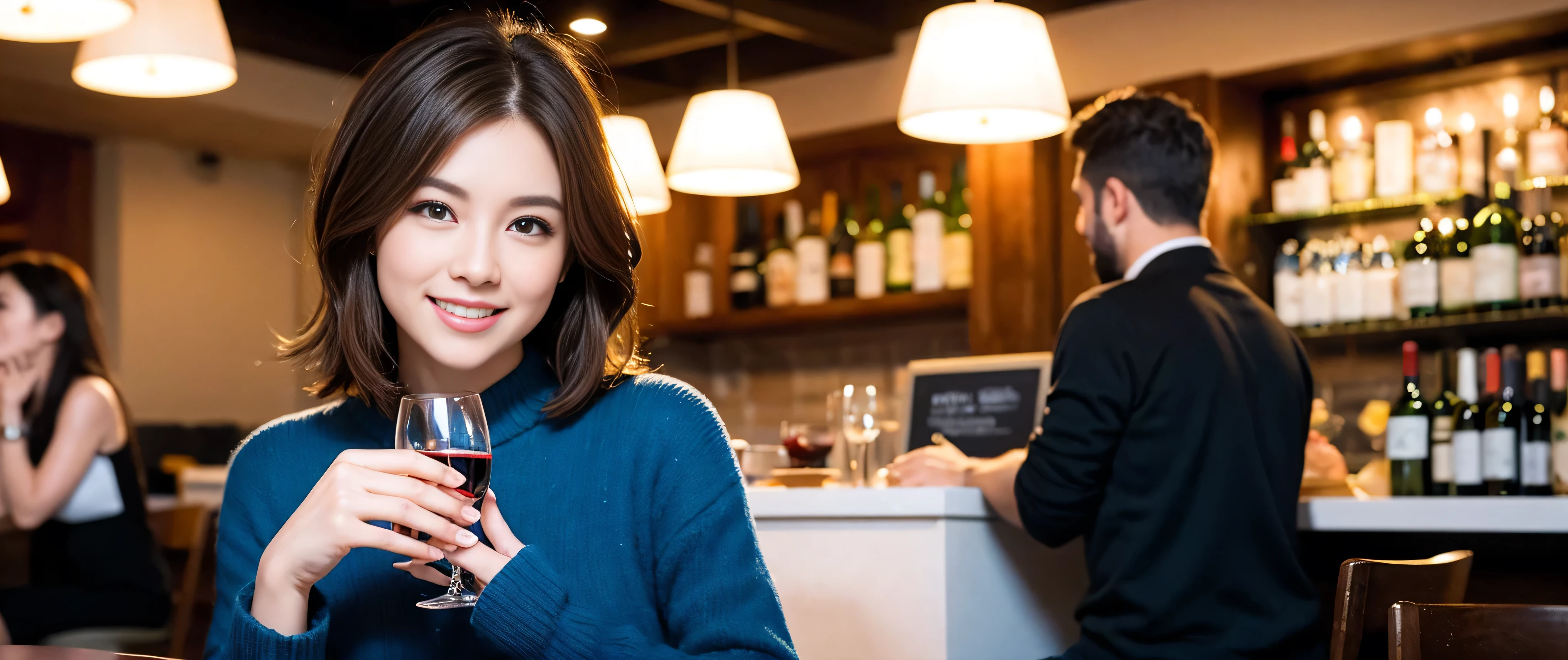 ((highest quality、8k、masterpiece:1.3))、Sharp focus:1.2、Beautiful woman perfect body:1.4、Slim body、((Bob Hale、Straight hair:1.2))、(to be born, highest quality, masterpiece:1.5), (Realistic, Intricate details:1.2), Ultra-high resolution, Please shine a light on my face、Amazing view of the sunset sky and clouds、Amazing mountain views、A bright smile、wine glass、red wine 、Appetizers、Italian food、Wine bottle、Champagne、sparkling wine、, Beautiful Face, blue eyes, The light shines on your face, Blushing, short hair,Bright Face、Fox face、 (36 years old), 39 years old, Lady、Two beauties、Brown Hair、Shortcuts、Long sleeve shirt、dress、Pretty Woman 1, (Slim face), (The body is slim), (Brown Hair), (Shortcuts), cheeks turn a little red,Attractive beauty、, Out of the window, A beautiful and detailed night view unfolds.........., restaurant, In a prominent place (From the waist up) Nova Frog Style, actress, model, Upper Body, White wine, slim, wine glass, A wine glass placed in the middle, smile, (smile: 1.15), Beautiful fine grain, Depth f/2,saturation, High Contrast, Strong light and shadow,Moist Body:1.5、3D texture、Delicate eyes、Brown Hair、The hair is very shiny、