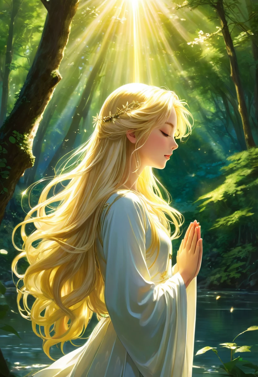 This scene depicts an anime/illustrated girl with shiny, fantastic blonde hair. The girl's long hair is golden.
Girls are divine beings, like angels (blonde angels) or goddesses (blonde goddesses).
The place where the girl lives is a green forest full of nature and a clear waterside.
The sacred golden light spilling through the gaps between the leaves of the trees shines into the profile of the girl, illuminating her elegant features and delicate hair, creating a serene atmosphere. The beautiful girl is depicted with long, shiny, flowing hair that reflects the light in a noble and enchanting way. To pray to God, the girl closes her eyes and silently joins her hands in prayer. The girl's expression shows her desire for peace and harmony.