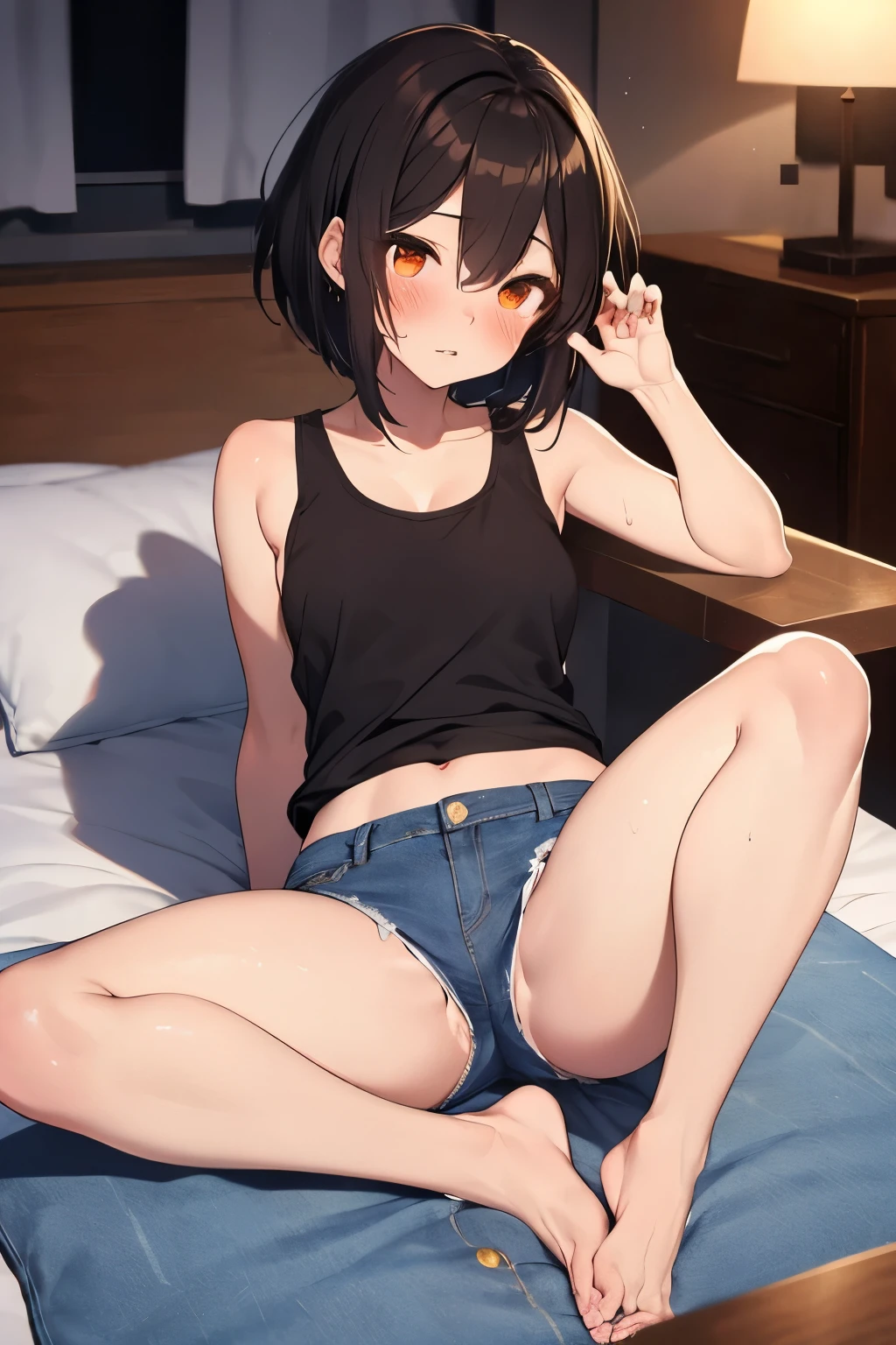 2D，highest quality，(masterpiece)，(whole body)，Aya Shameimaru，(short hair)，1 girl，ear，Healthy brown skin，Shiny skin，Sunburn，（Denim hot pants:1.6），Tank top，barefoot，barefoot，Attractive thighs，Butt，Total，Bedroom，On the bed，Get drunk with liquor，Sweat，，cheeks are bright red，Get a good night's sleep，Sleeping face like an angel，Cute with bruises，erotic，I feel it，Denim hot pants，night，Breathe heavily，Sexy as a little devil，I love you